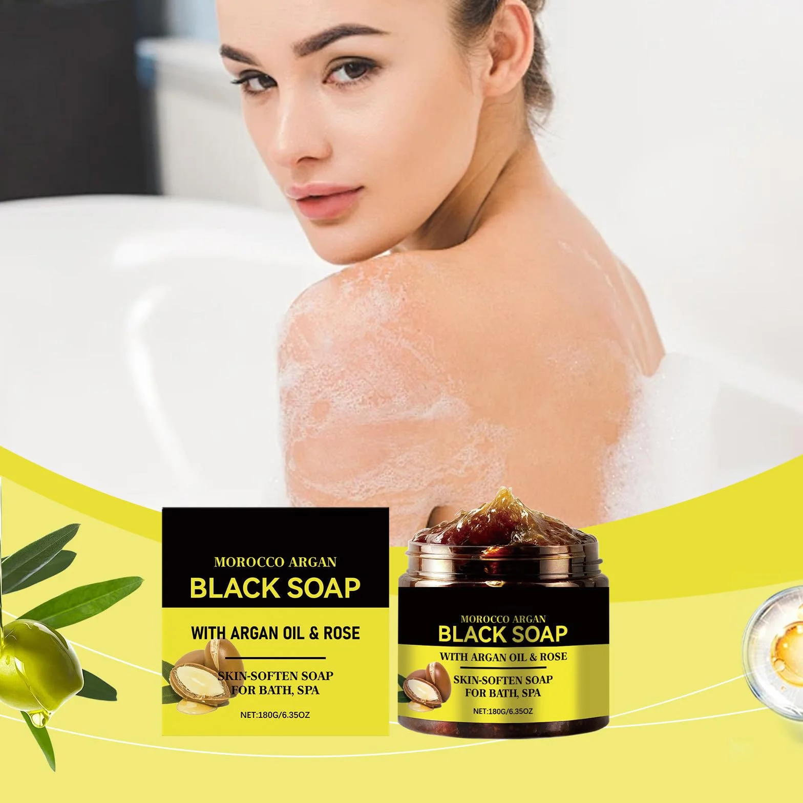 Marokańskie czarne mydło, mydło złuszczające do ciała, wzbogacone olejem arganowym, głębokie oczyszczanie, usuwanie martwych komórek, odpowiednie dla twarzy i ciała