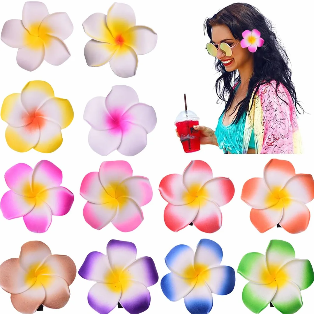 12 sztuk spinek do włosów z kwiatami, Hawajskie spinki do włosów Plumeria Hawajskie, Plumeria, tropikalne Boho, antypoślizgowe akcesoria do włosów dla dziewcząt i kobiet