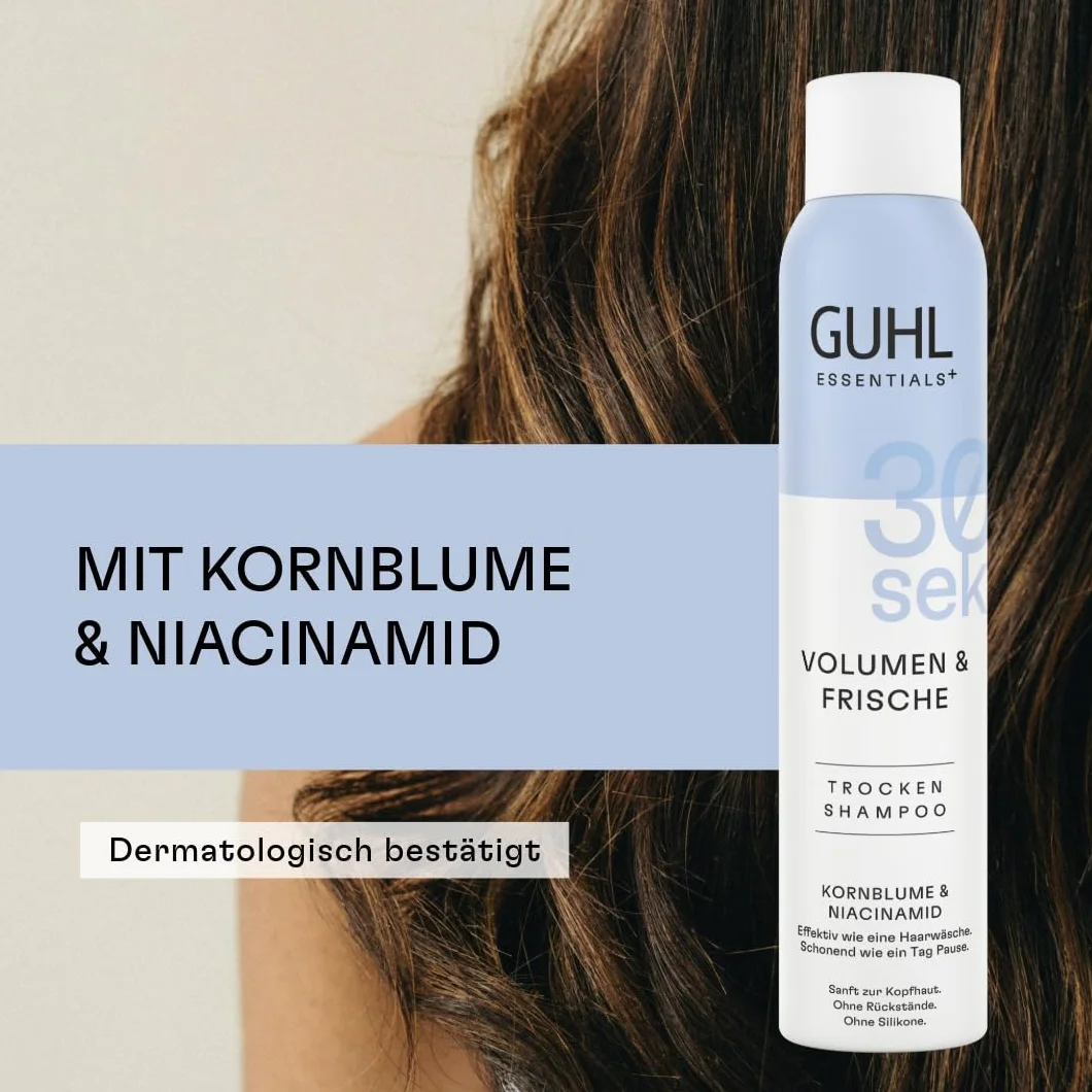Guhl 30 s suchy szampon – objętość i świeżość – zawartość: 200 ml – niacynamid i chaber – skuteczny jak mycie włosów – delikatny jak dzień przerwy – bez pozostałości – bez silikonów
