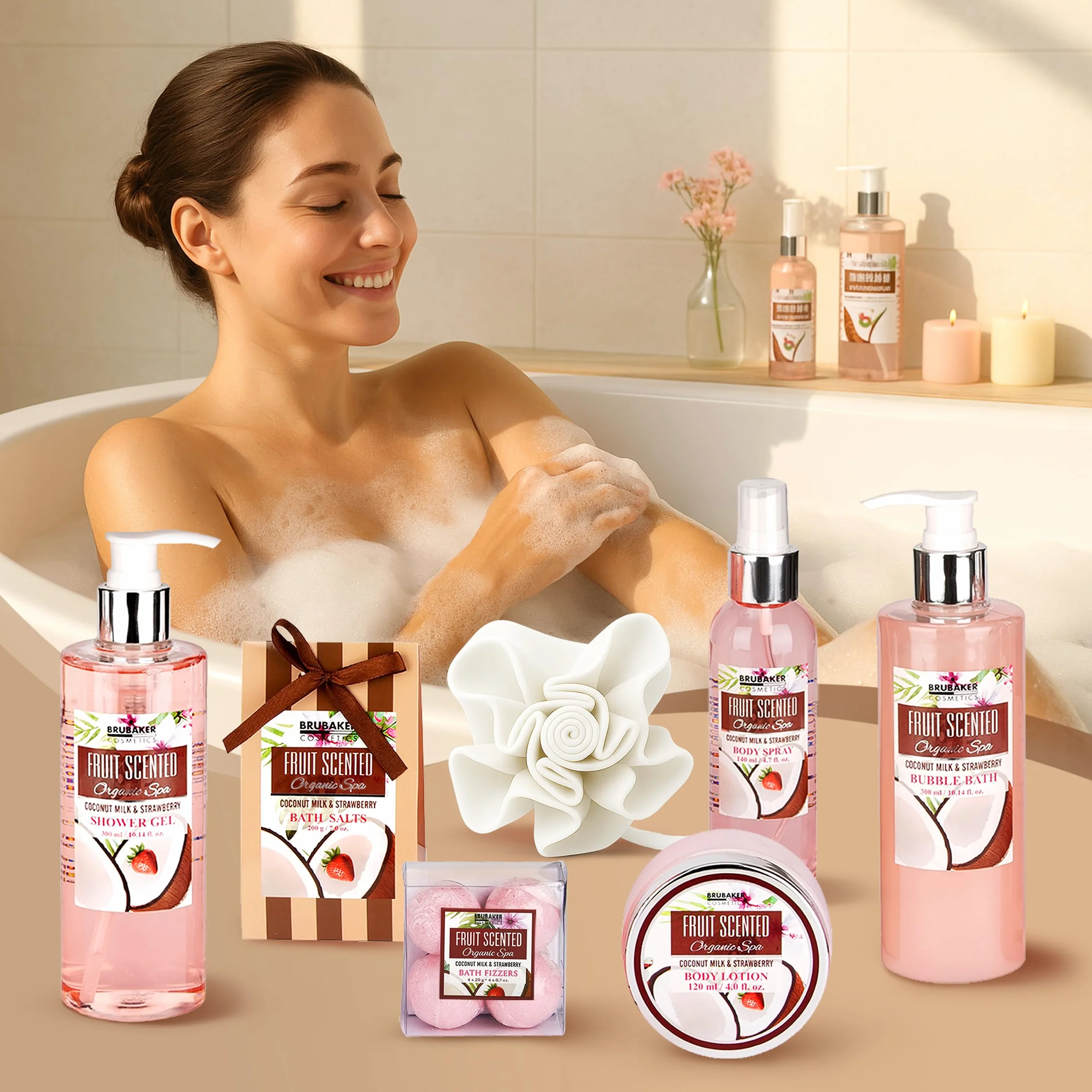 BRUBAKER Cosmetics Bath oraz Shower Set Coconut & Strawberry Scent - 11-Częściowy Zestaw Prezentowy W Wannie Vintage Tub