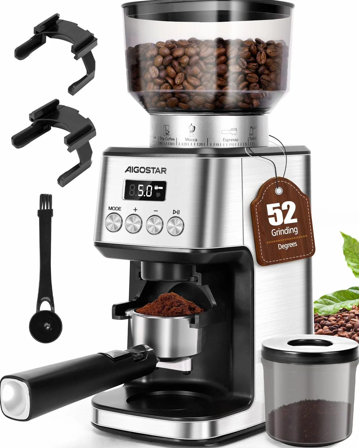 Aigostar Elektryczny Młynek do Kawy z 52 Stopniami Mielenia, Młynek Stożkowy Nadający się do Espresso, Profesjonalny Elektryczny Młynek do Kawy z Precyzyjnym Wyświetlaczem Cyfrowym