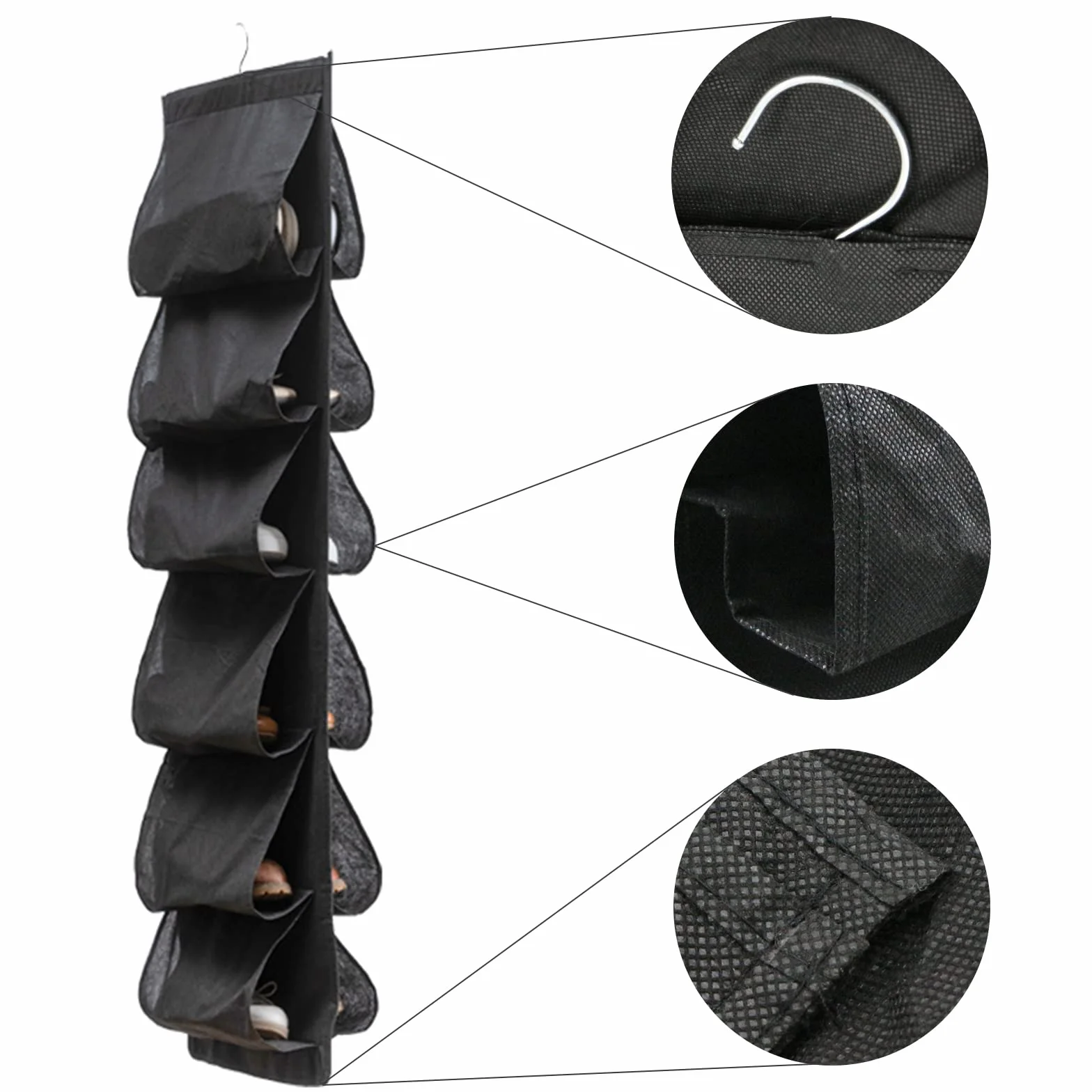 Wiszący organizer na buty 117x32 cm 12 kieszeni czarny