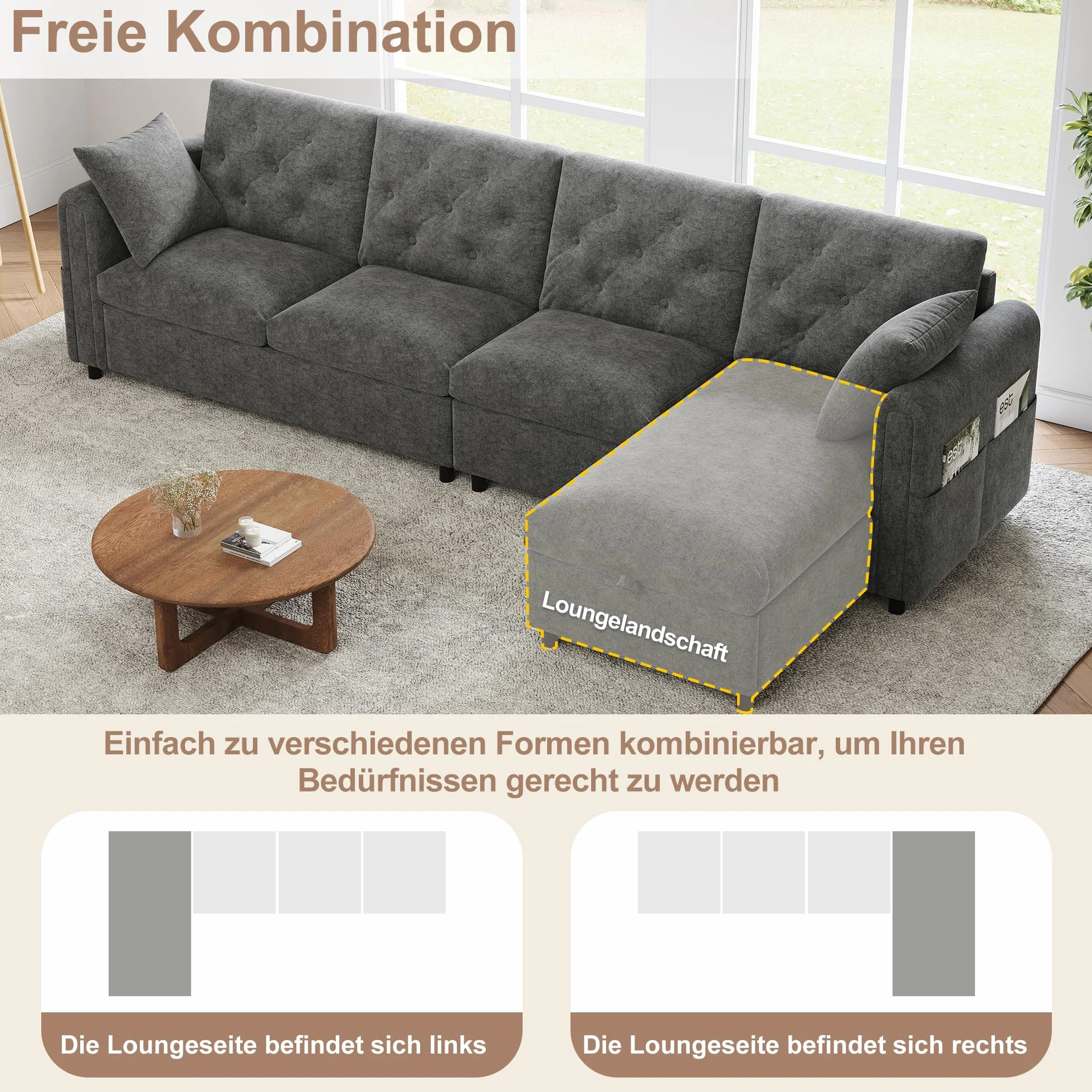 Aksamitna sofa L-kształtna z miejscem do przechowywania, regulowana, szara