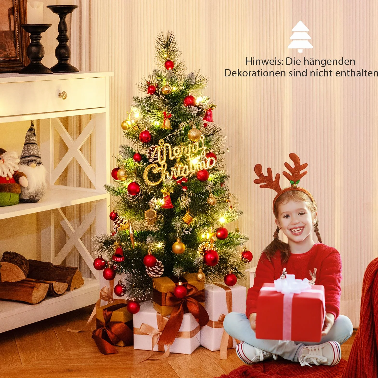 COSTWAY Sztuczna choinka 90 cm z oświetleniem, mała choinka w doniczce, choinka stołowa z 20 diodami LED, 8 trybów, timer, jagody i szyszki jodłowe do dekoracji bożonarodzeniowej