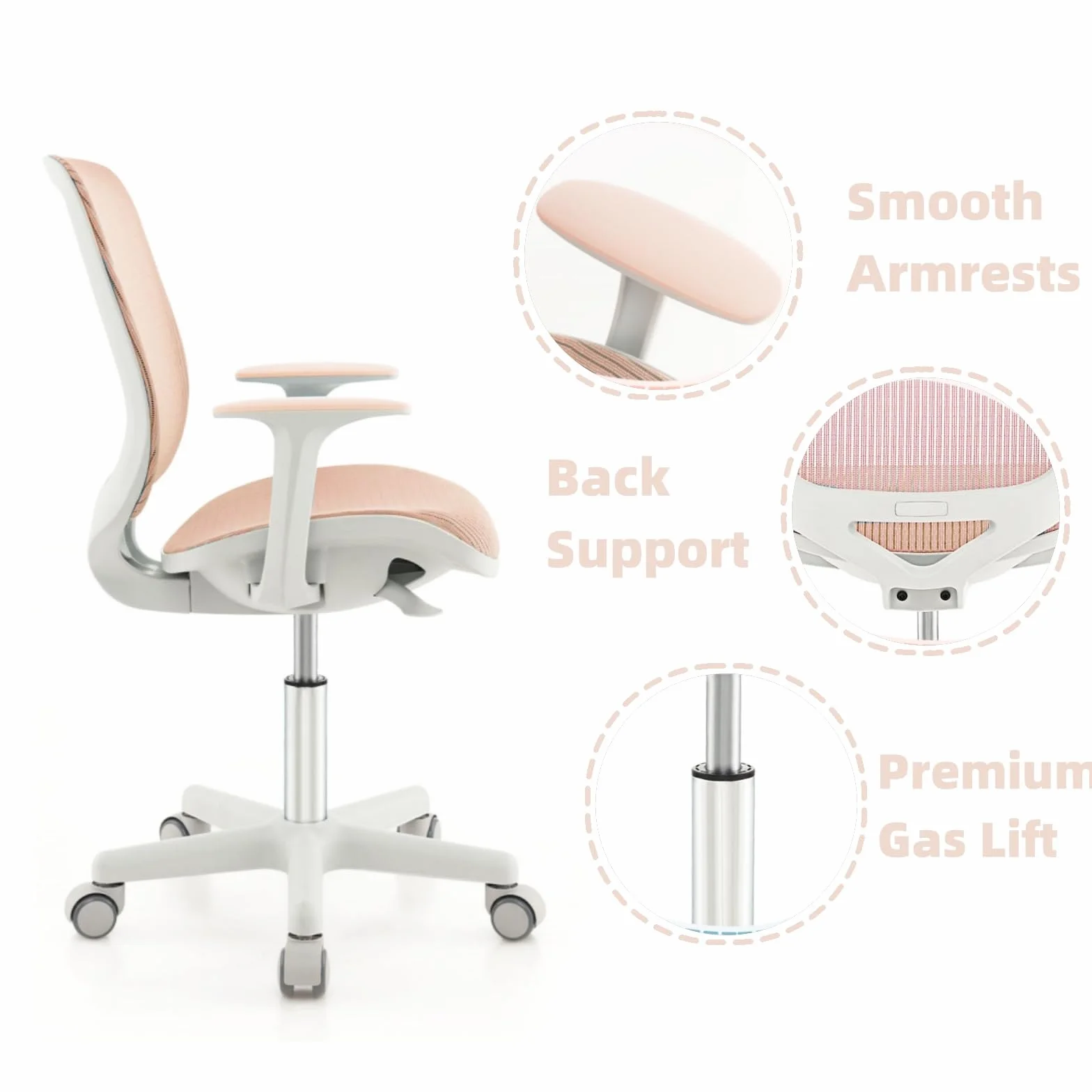 LIFEZEAL Wyściełane krzesło biurkowe dla dzieci, obrotowy fotel dla dzieci, krzesło do biurka z regulacją wysokości od 80 do 92 cm, ergonomiczne krzesło dla dzieci do nauki, maks. 75 kg (różowe)