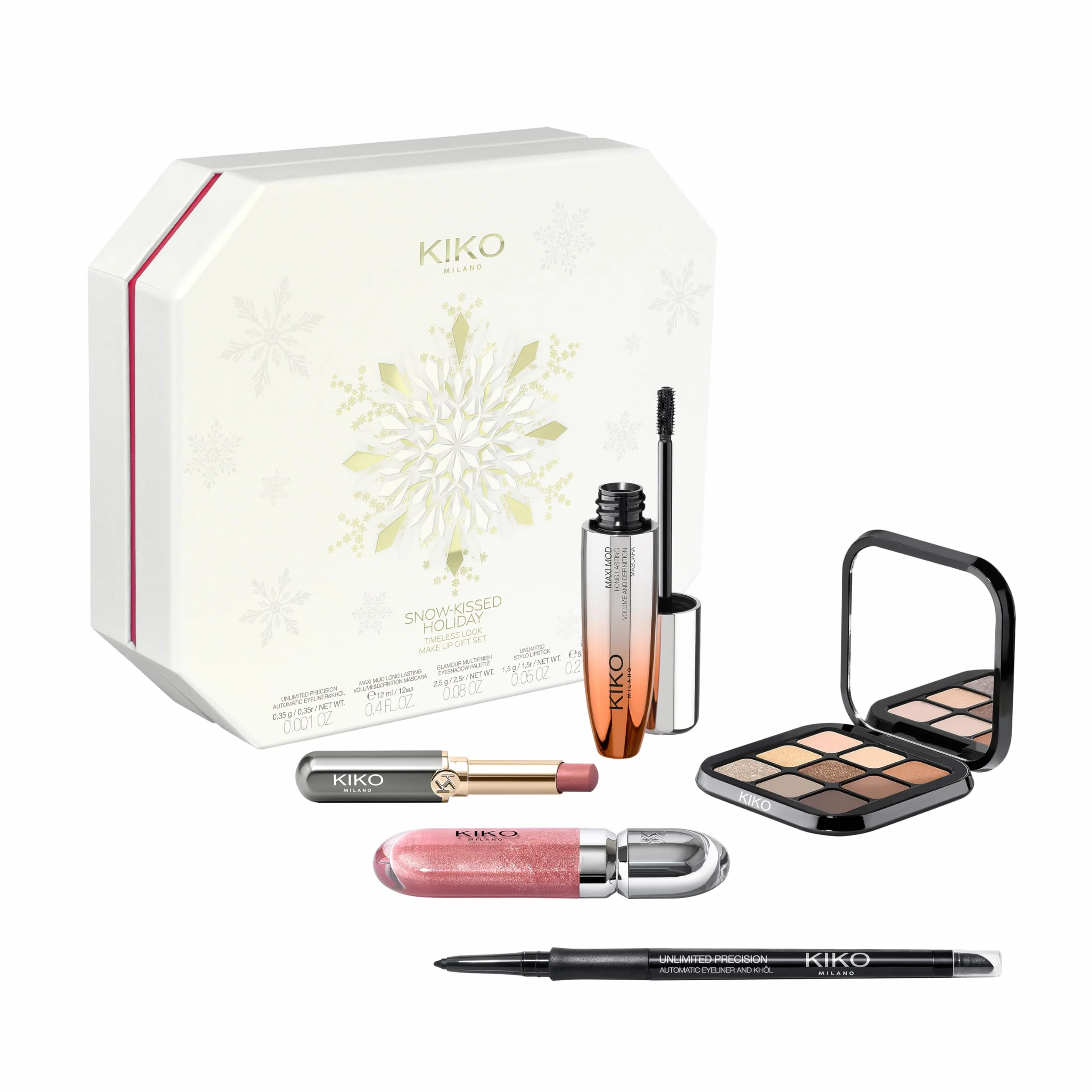 KIKO Milano Snow-Kissed Holiday Timeless Look Makeup Gift Set, Zestaw Upominkowy Do Makijażu: Tusz Do Rzęs Zwiększający Objętość, Eyeliner, Paleta Cieni Do Powiek, Błyszczyk I Pomadka