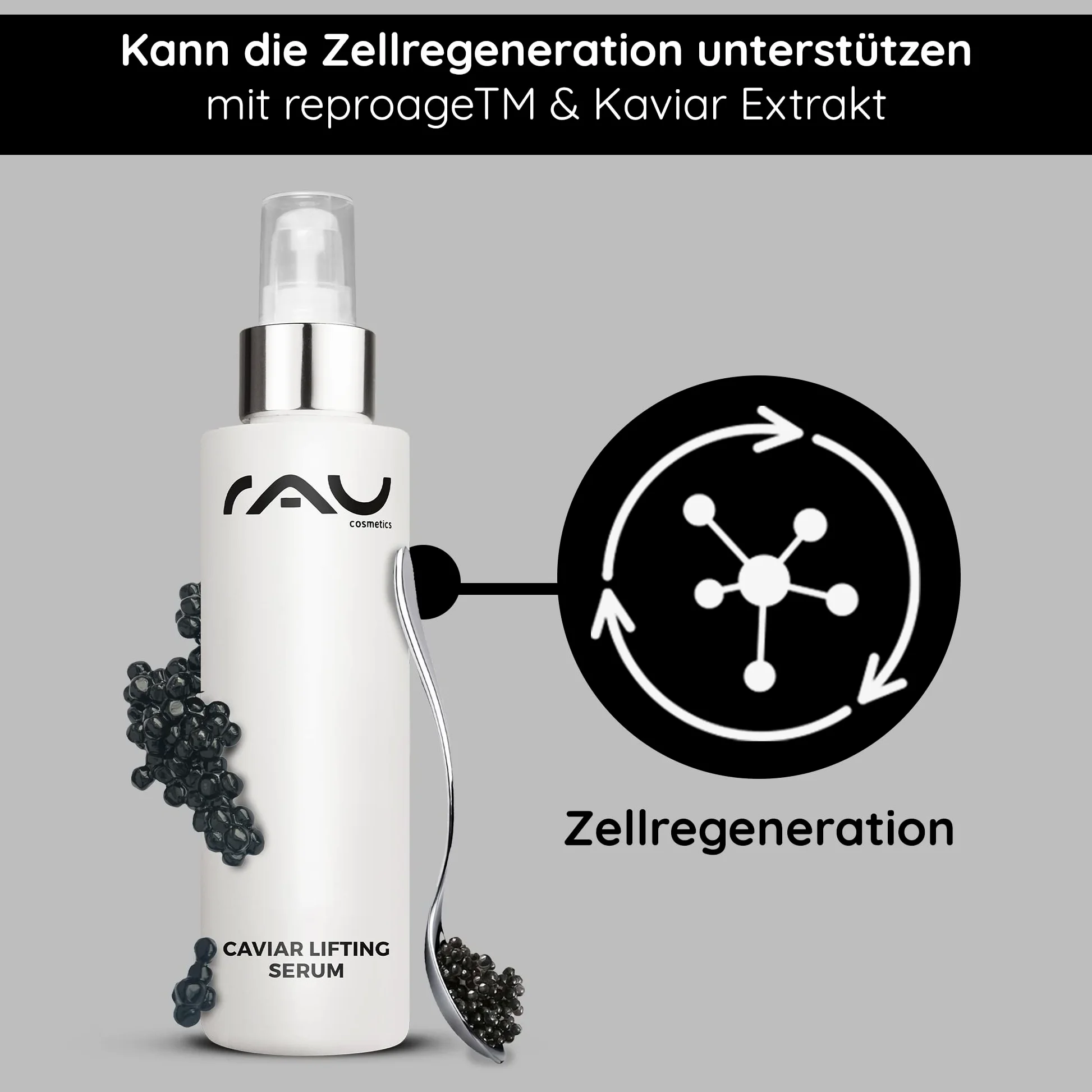 RAU Cosmetics Caviar Lifting Serum 100ml - Anti-Aging Gesichtsserum mit Argireline & Kaviarextrakt - Straffendes Peptid-Serum für Reife Haut - Feuchtigkeitsspendend mit Panthenol - Made in Germany
