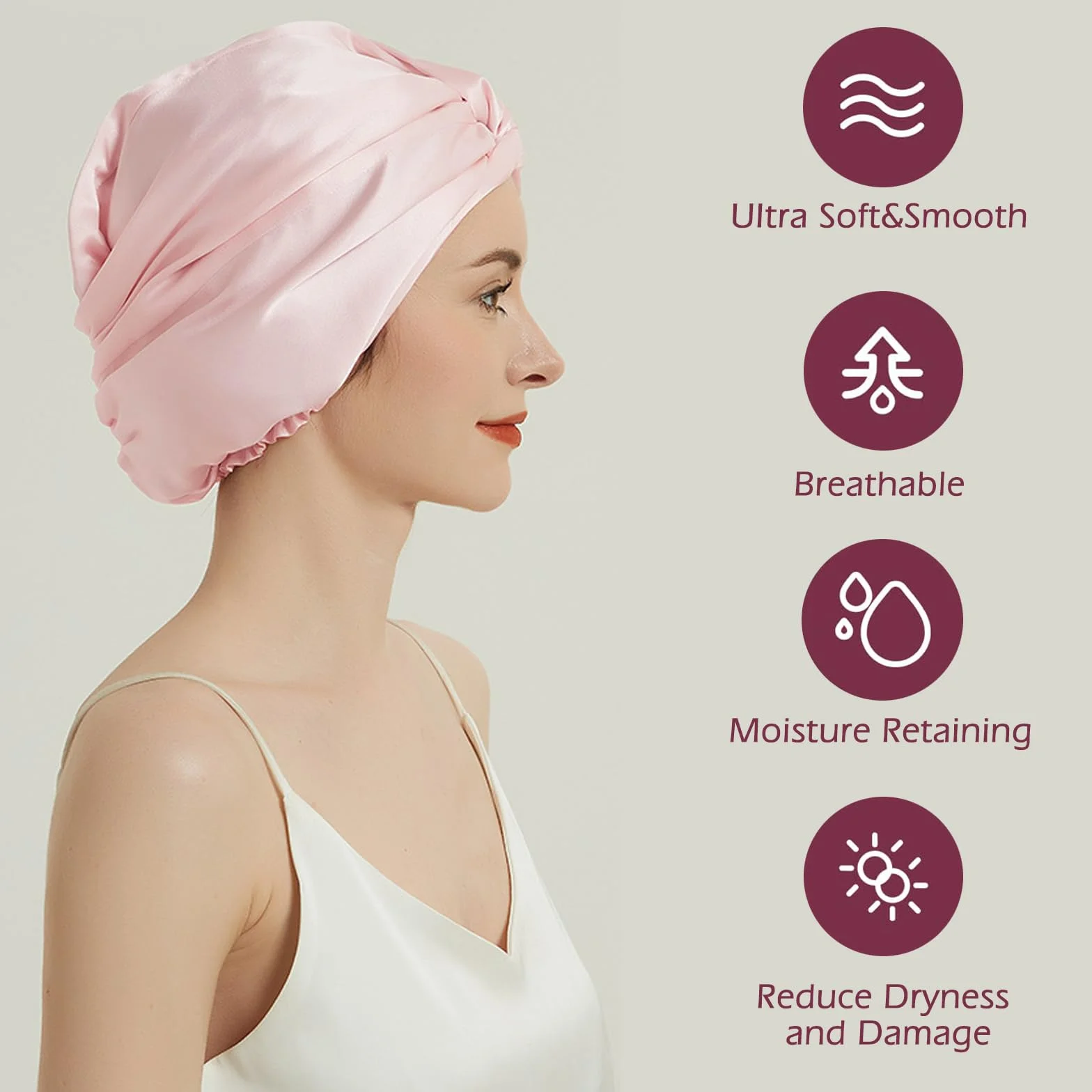 Moguri 1 x regulowany czepek do spania z jedwabnej satyny, dwuwarstwowy, czepek do spania, turban, kręcone, proste włosy, długie, duży splot, unisex, różowy, Rosa, l