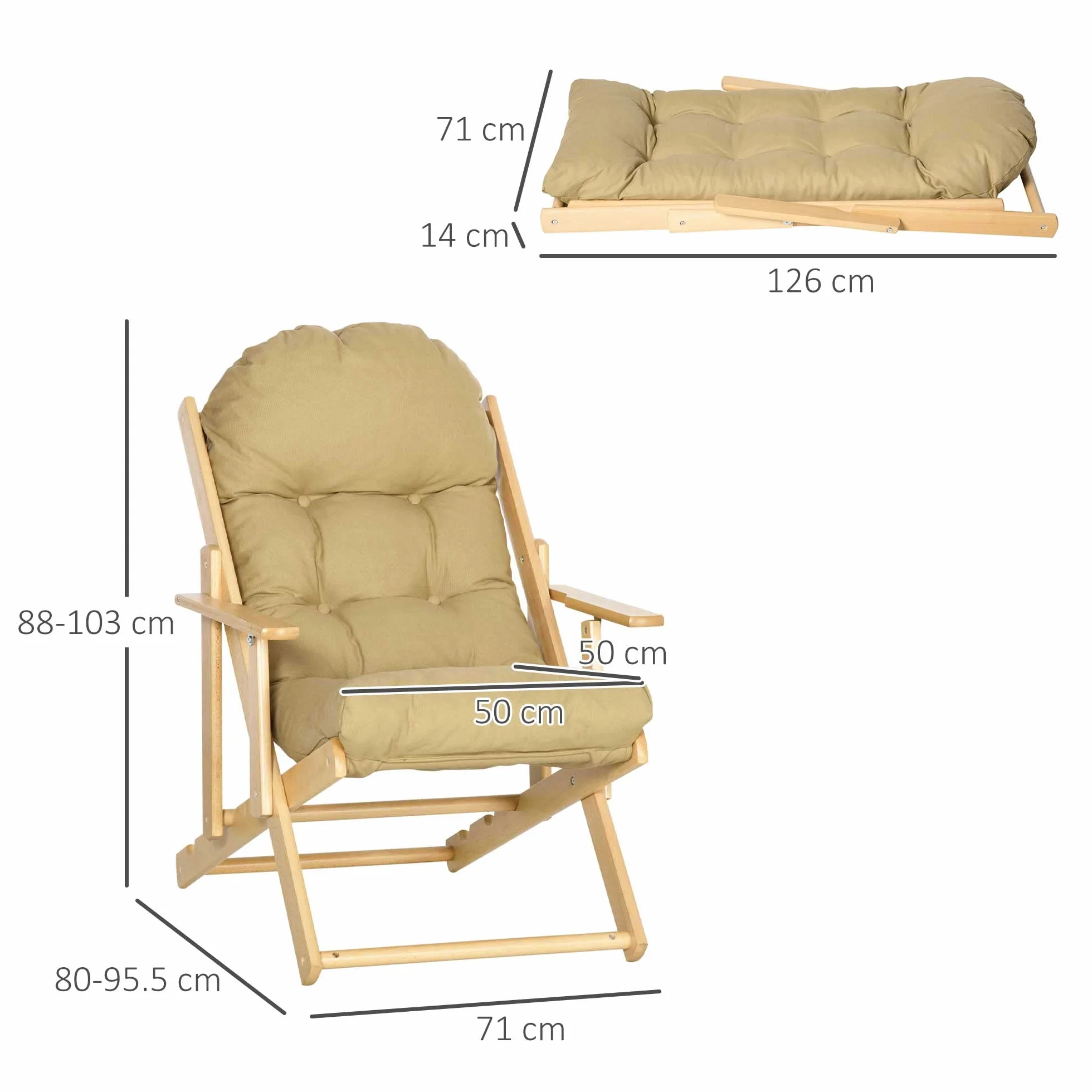 HOMCOM Krzesło składane drewniane z poduszką 71x89x96 cm jasnobrązowy