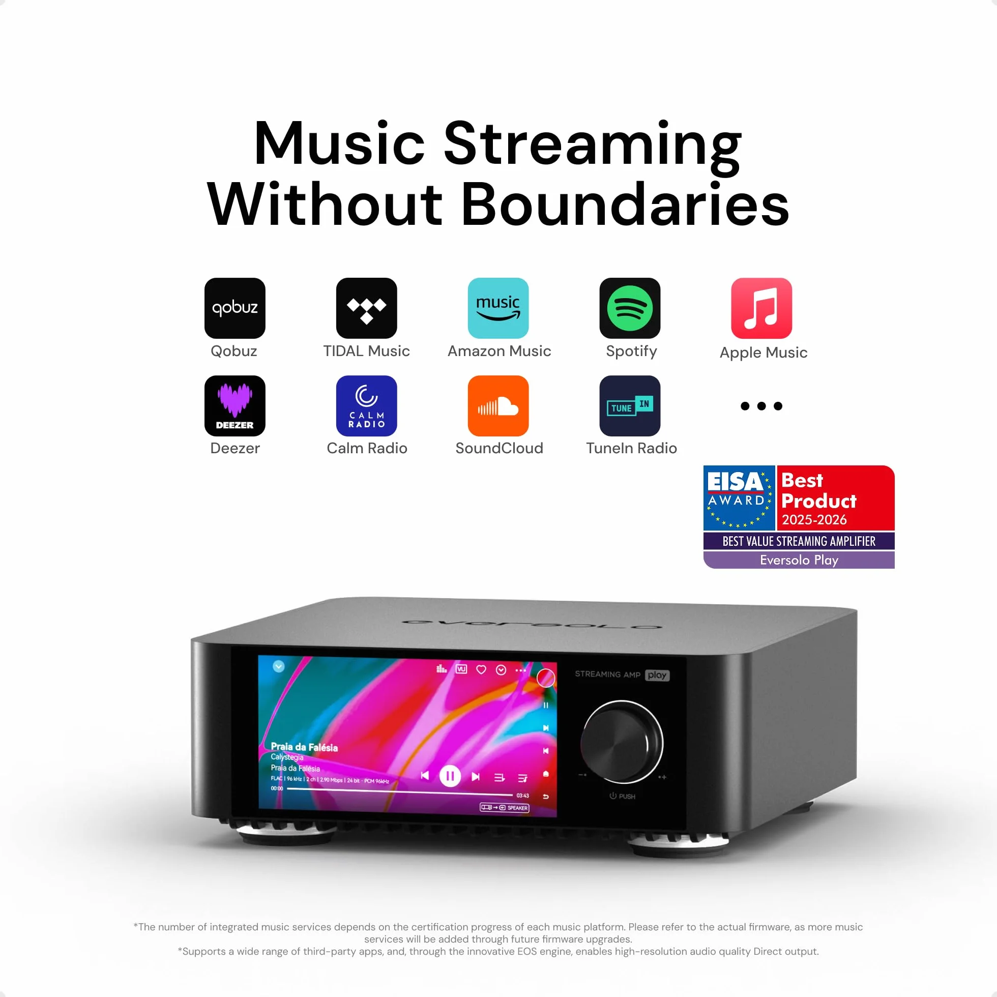EVERSOLO Odtwarzaj streamer muzyczny All-in-One ze wzmacniaczem, ekran dotykowy 5,5 cala, obsługa korekty wielu pomieszczeń i pomieszczeń, Stream Tidal, Qobuz, Amazon Music i nie tylko, czarny (edycja
