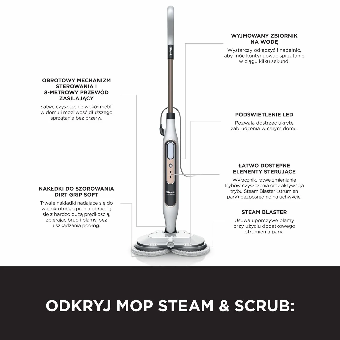 Shark Automatyczny mop parowy S8201EU 2 obrotowe nakładki 3 tryby pary dezynfekuje
