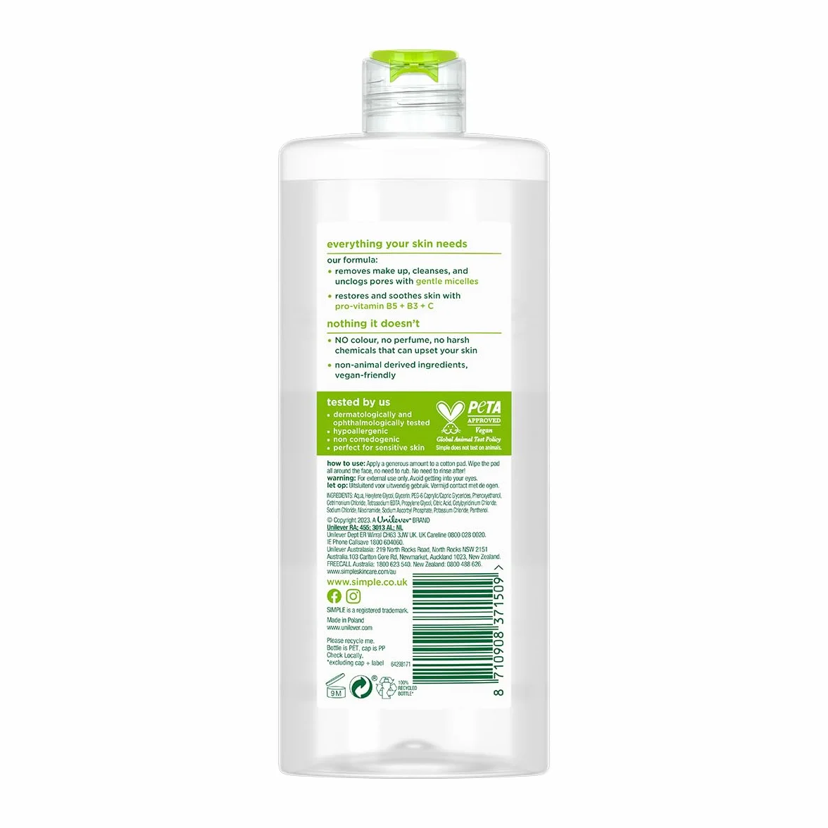 Simple Kind to Skin Micellar Micellar Cleansing Water UK # 1 marka do pielęgnacji skóry twarzy * Natychmiastowy nawilżający do demakijażu 400 ml