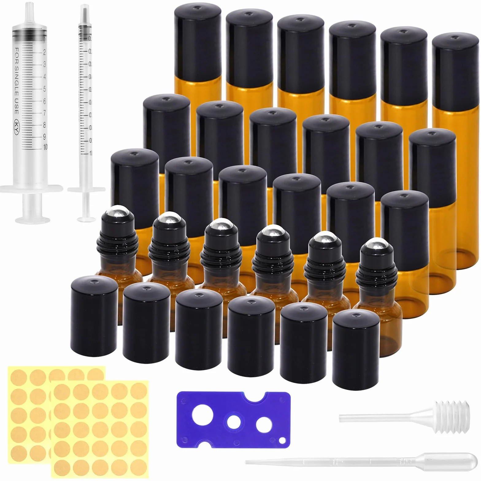 Zestaw 24 sztuk butelek z brązowego szkła, 2 ml/3 ml/5 ml/10 ml, szklane butelki, rolka zwijana z wałkiem ze stali nierdzewnej, bursztynowe butelki ze strzykawką, butelka z wałkiem na rolkę do