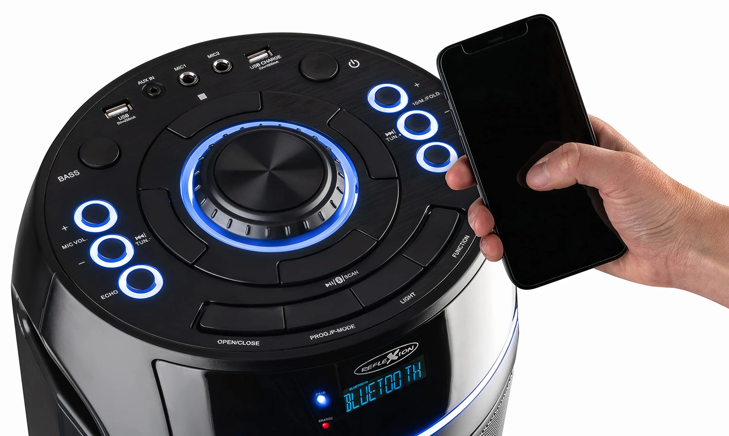 REFLEXION PS10BTCD przenośny głośnik Bluetooth, oświetlenie dyskotekowe LED, z wbudowanym odtwarzaczem CD, wszechstronne złącza, akumulator do 10 godzin muzyki, czarny
