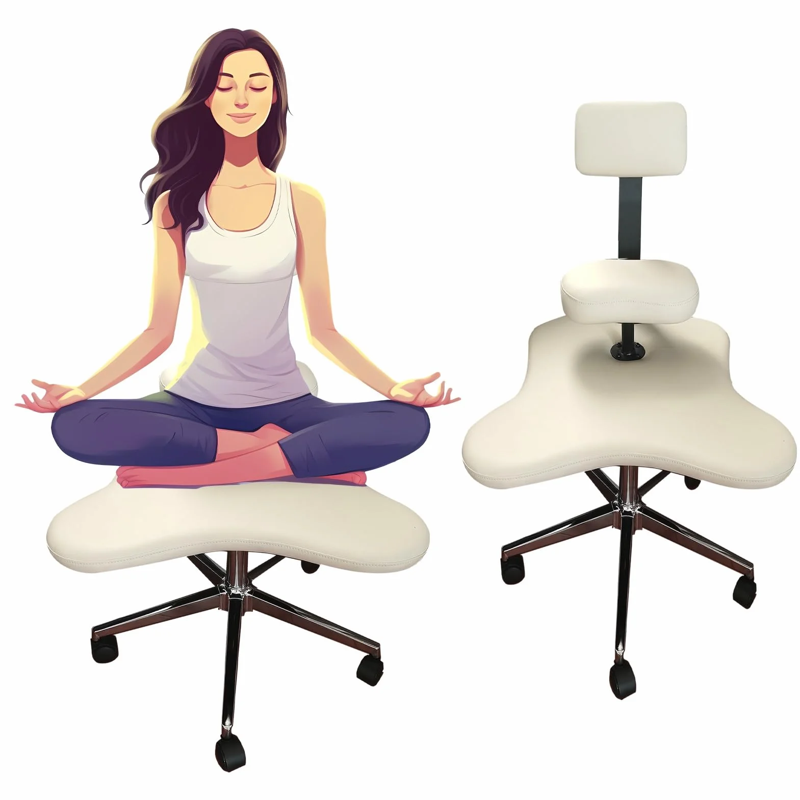 Ergonomiczne Krzesło do Medytacji Krzyżowe z Kołami Regulowane Białe