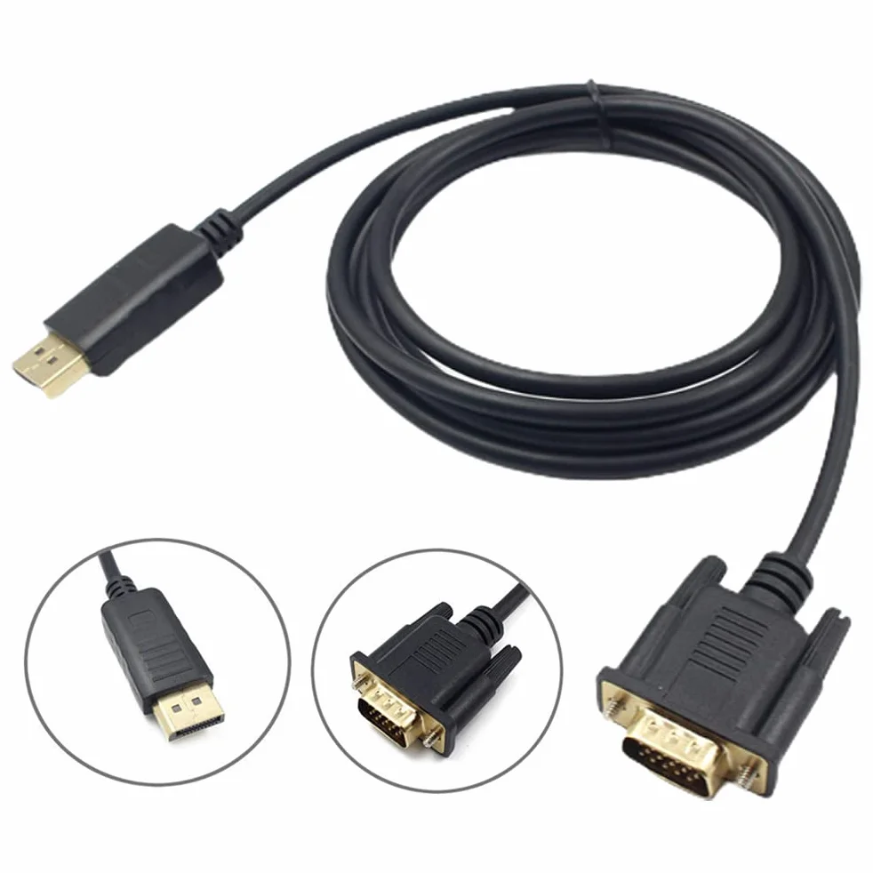 Adapter Kabla na VGA 1,8 M, Męski Konwerter DisplayPort na VGA z Pozłacanymi Złączami, Obsługa Rozdzielczości Wideo 1080P dla Monitora Komputerowego (Black)