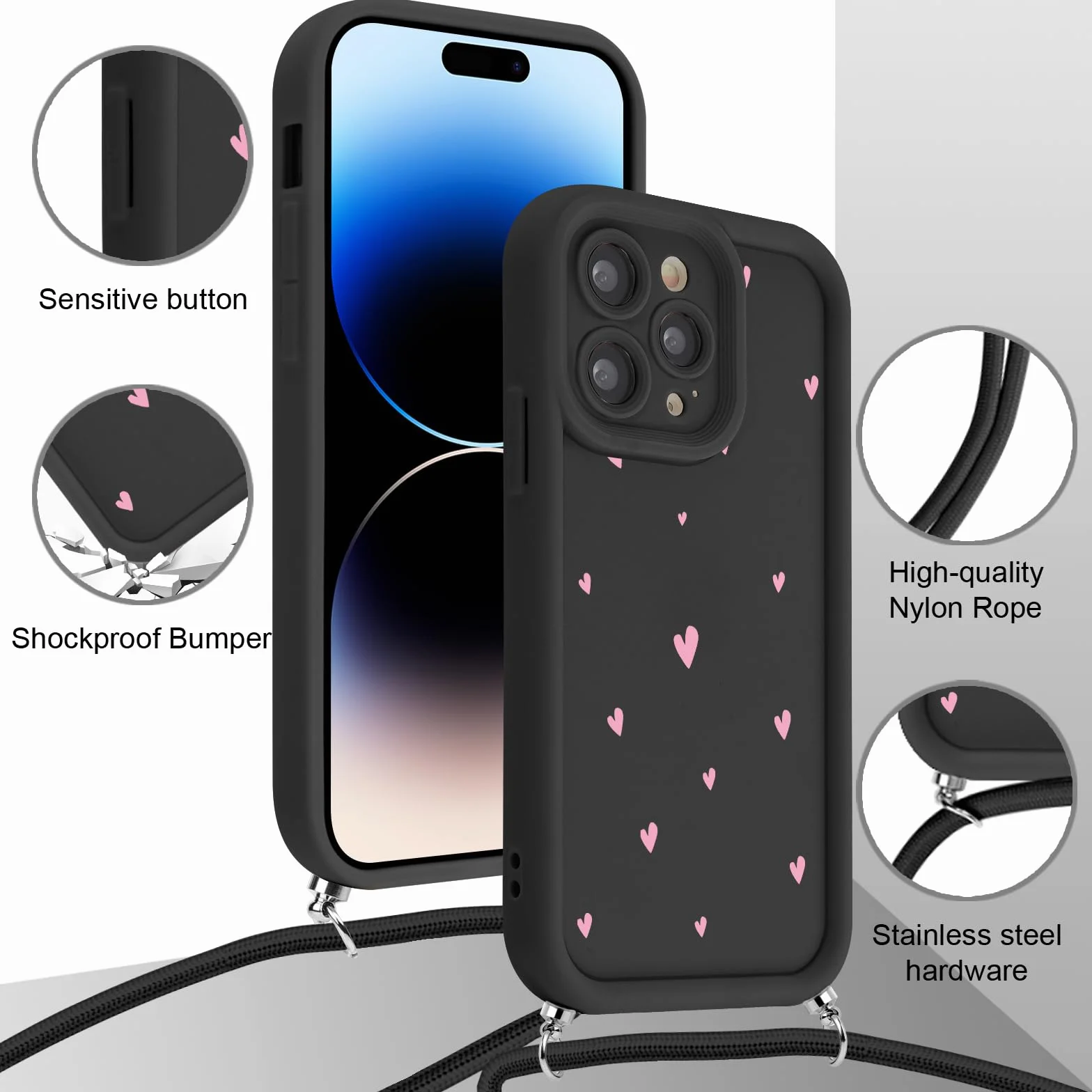 Smycz do iPhone 15 Pro Max 6,7 cala, estetyczne wzory serca ze sznurkiem naszyjnik pasek na ramię, cienki silikonowy zderzak, odporny na wstrząsy futerał ochronny do iPhone 15 Pro Max, czarny