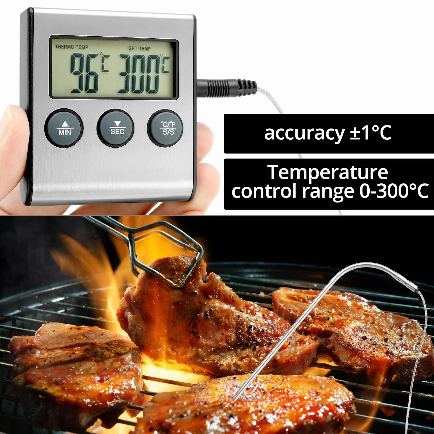 QWORK Cyfrowy termometr kuchenny z sondą do żywności 0-300°C timer LCD