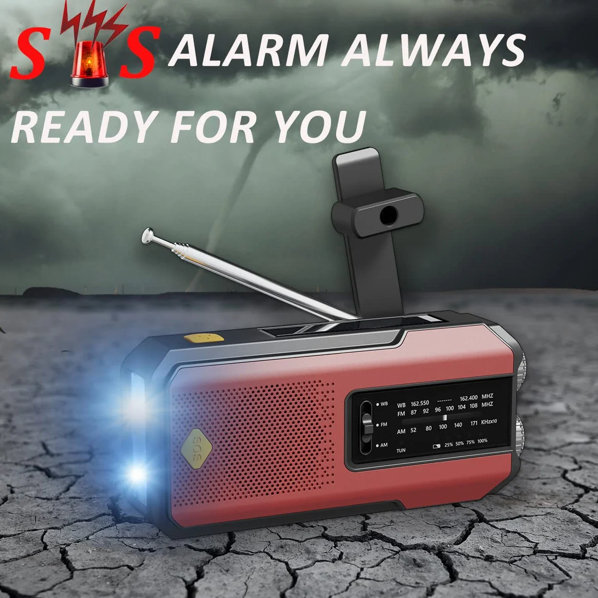 Radio słoneczne pogoda z AM FM NOAA, Przenośny generator energii radia awaryjnego korby 2000mAh, Survival Hurricance Gear 3 Latarka LED, ładowarka do telefonu USB do Camping