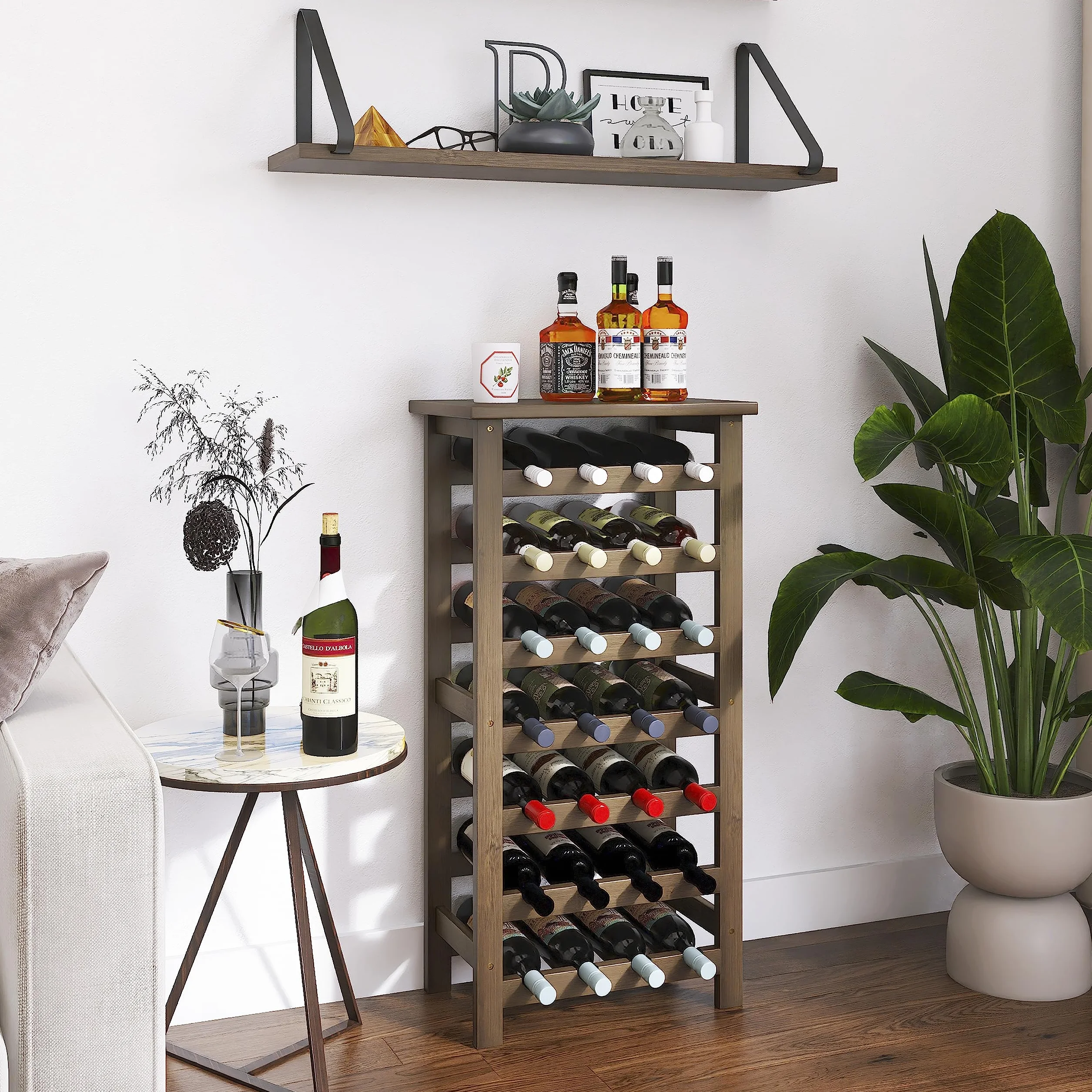 SMIBUY Bambusowy stojak na wino, stojak ekspozycyjny na 28 butelek z blatem, 7-poziomowe, wolnostojące półki do przechowywania, do kuchni, spiżarni, piwnicy, baru (orzech włoski)