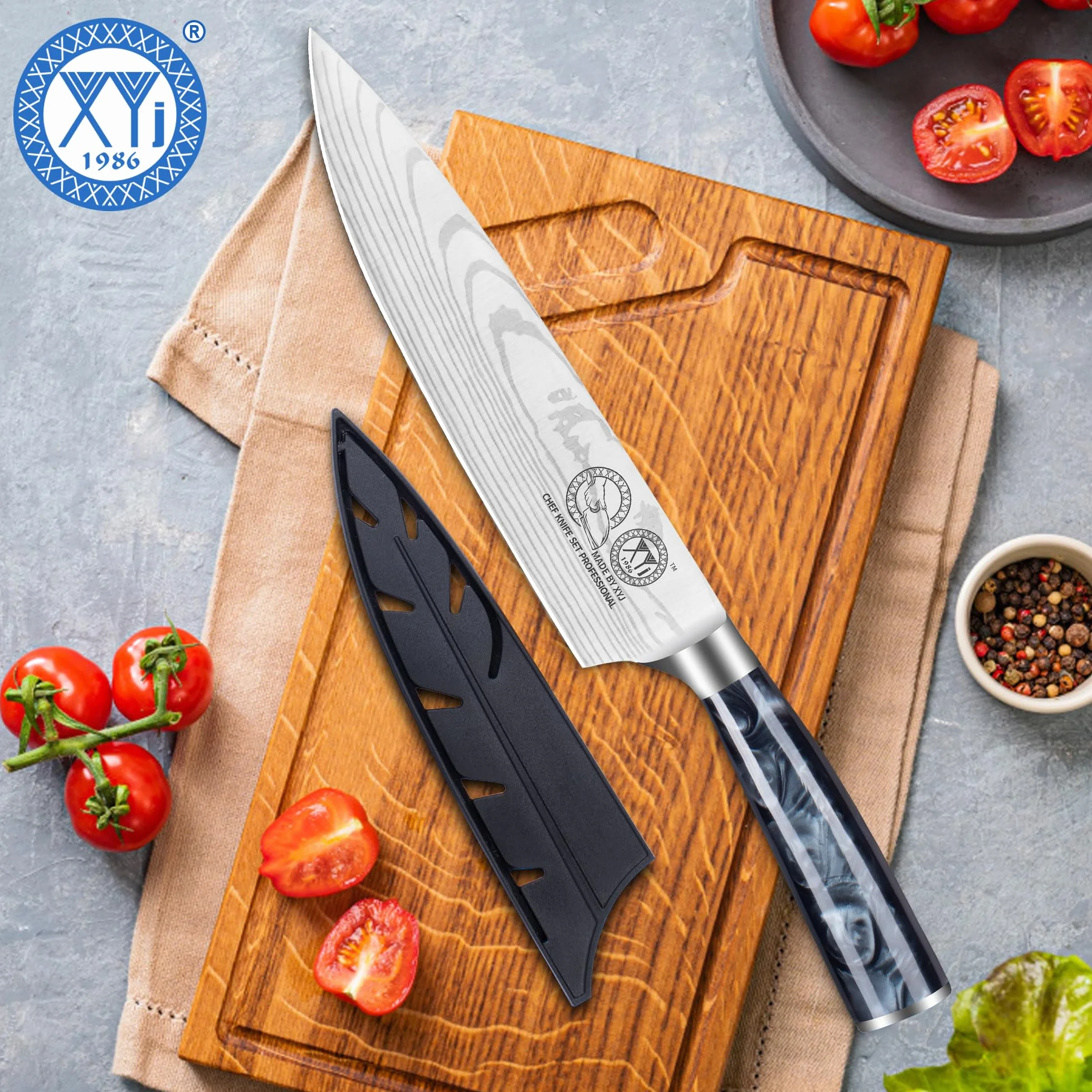 XYJ Authentic Since 1986,8 Inch Japanese Chef Knife,Stainless Steel,Vein Damascus Pattern Sharp Blade,Meat Cleaver for Meat Cutting,Professional Kitchen Knife With Sheath,Outdoor Camping BBQ