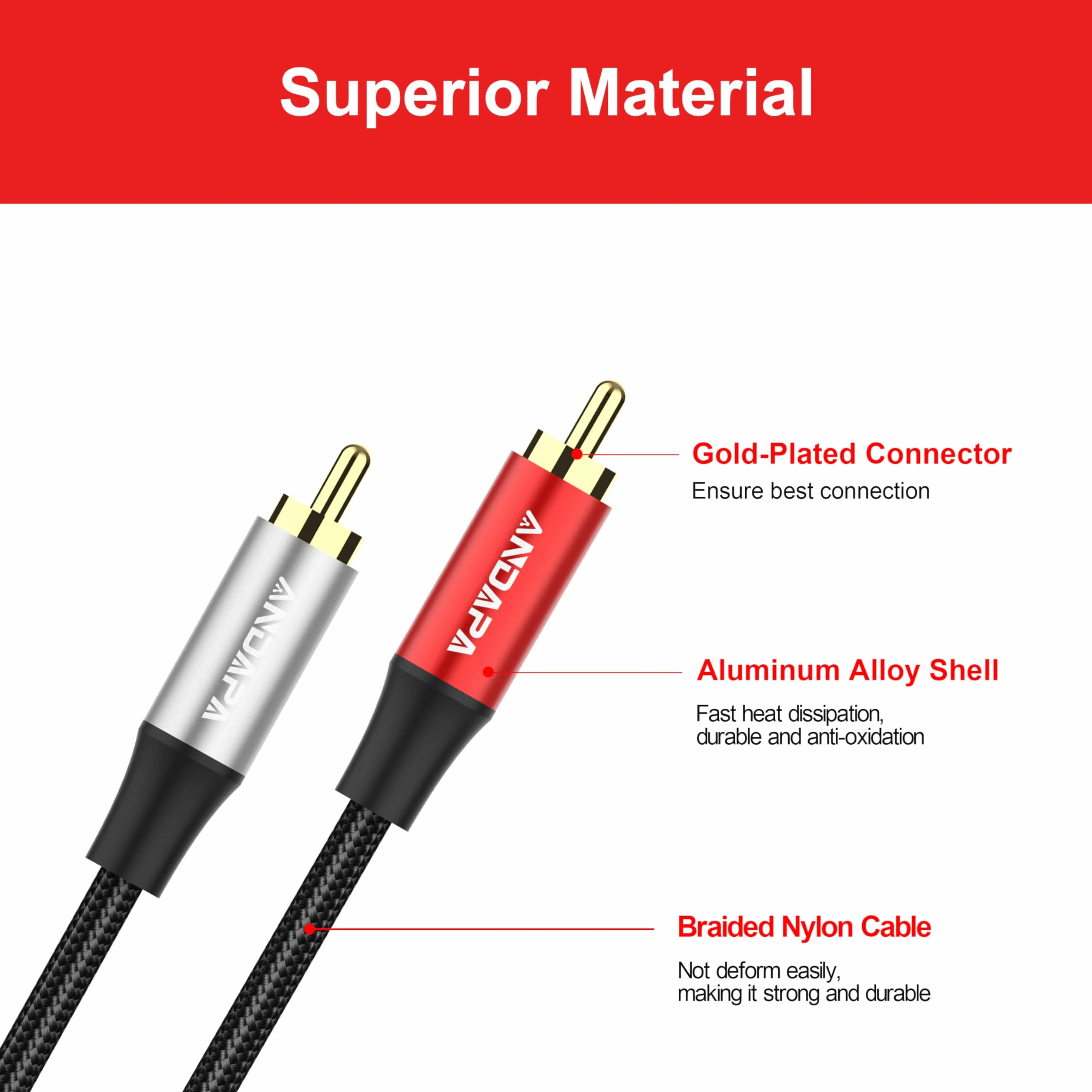 ANDAPA 1,5 m Kabel audio stereo 2x RCA - 2x RCA z oplotem nylonowym, do wzmacniacza, zestawu Hi-Fi, kolumny