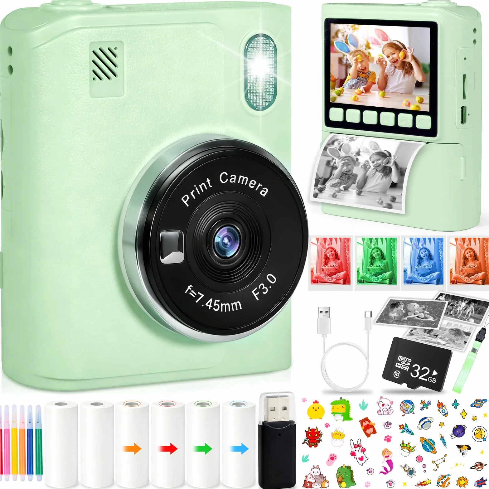 Aparat dla dzieci, natychmiastowy aparat fotograficzny z kartą 32 G i papierem fotograficznym, 2,4 cala, aparat cyfrowy 1080p HD, dla dzieci, zielony