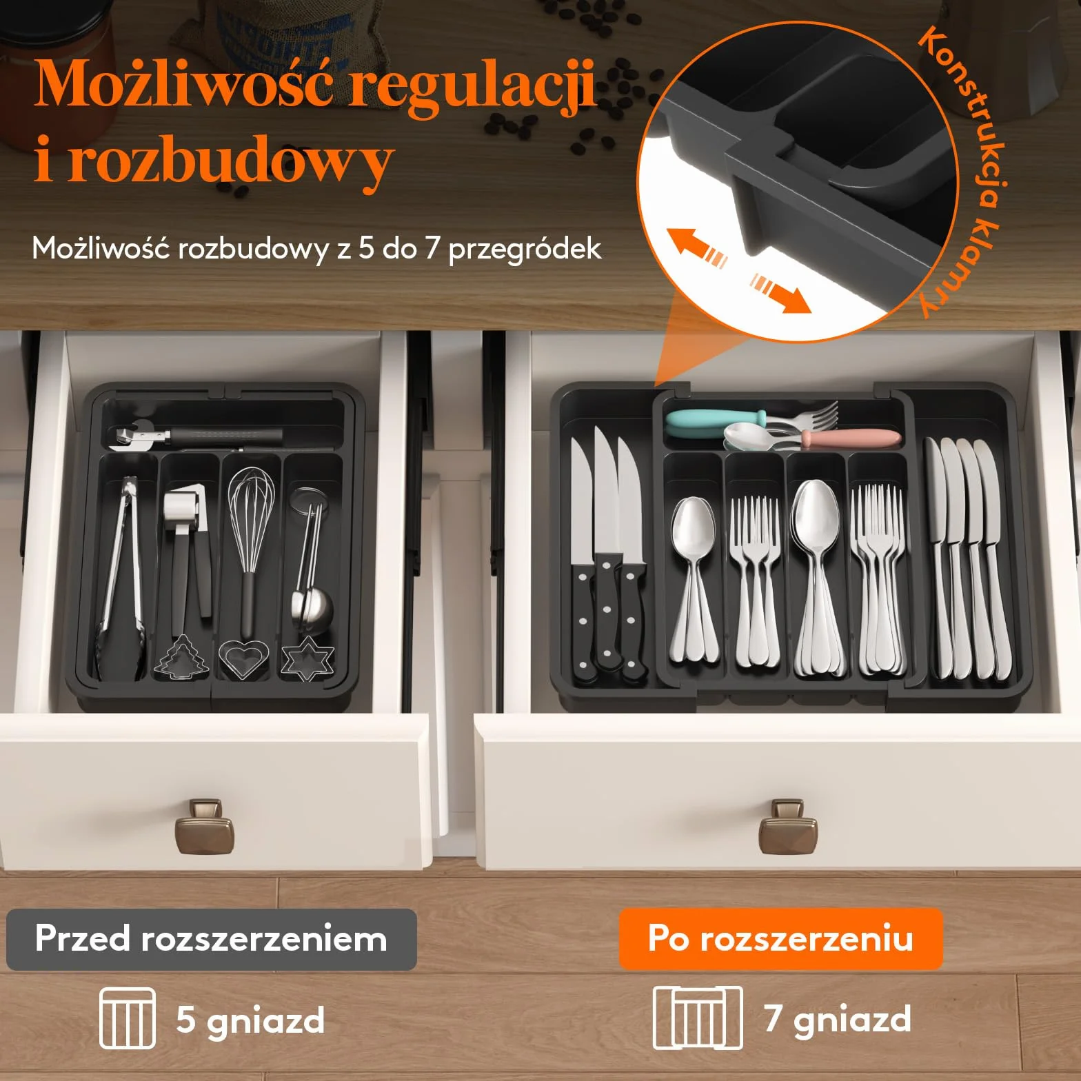 Lifewit Organizer do Szuflady Kuchennej na Sztućce, Rozszerzalna Wkład do Szuflad, Plastikowe Taca na Sztućce na Łyżki/Widelce/Noże, Głębokość 30,9 cm, Szerokość 22,6–37,3 cm, Czarny