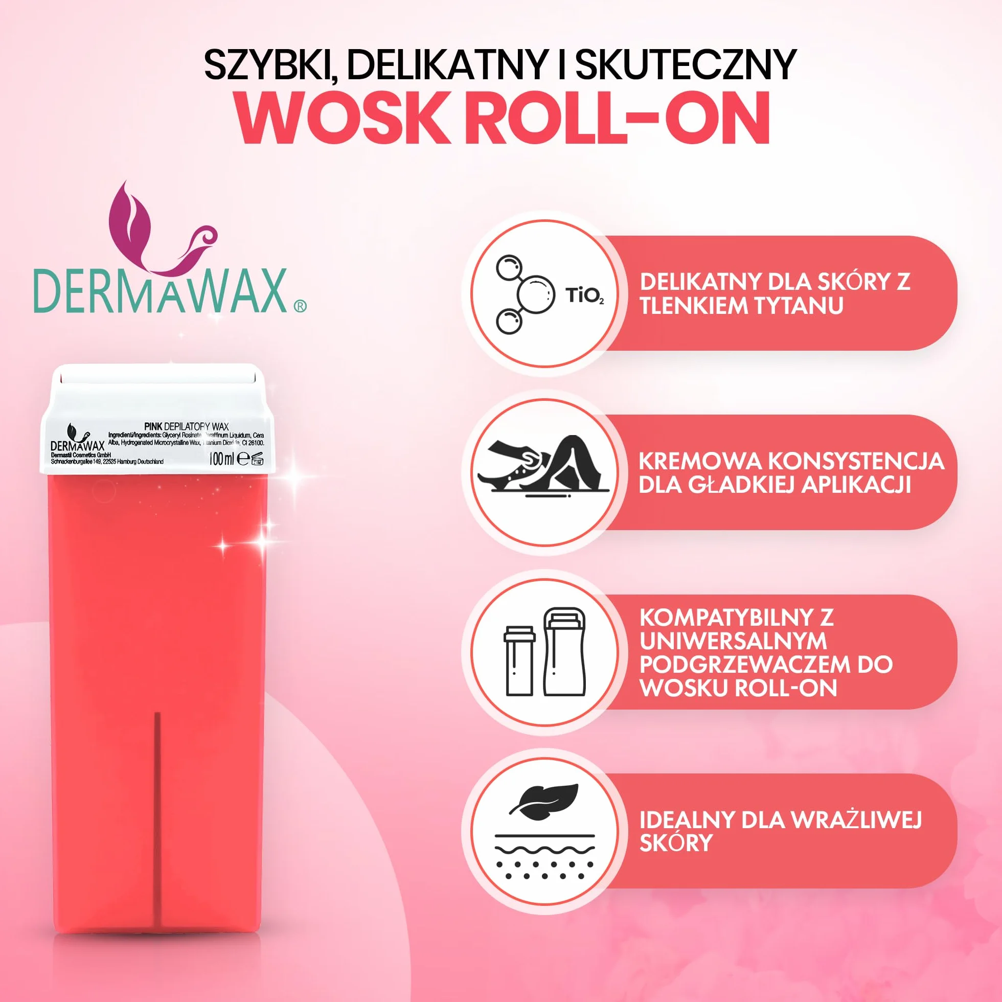 DERMAWAX 6 x 100 ml różowy wkład do wosku, miękki, kremowy wosk dla skóry wrażliwej, do stosowania z podgrzewaczem wosku i paskami z włókniny (brak w zestawie) - nogi, ramiona, pachy, klatka piersiowa