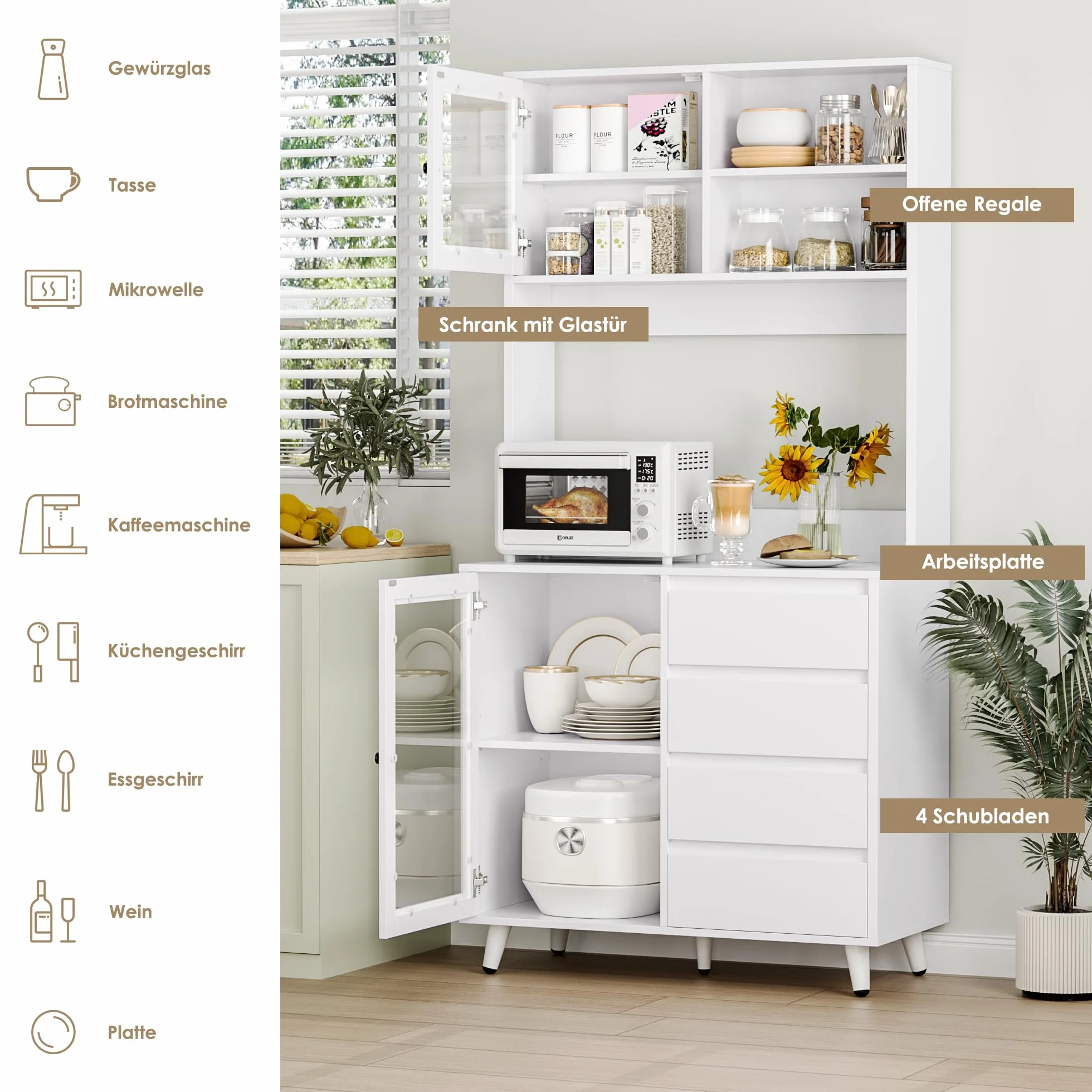 FOREHILL Szafka kuchenna wysoka ze szklanymi drzwiami blat roboczy 4 szuflady 80x40x180 cm biała M172