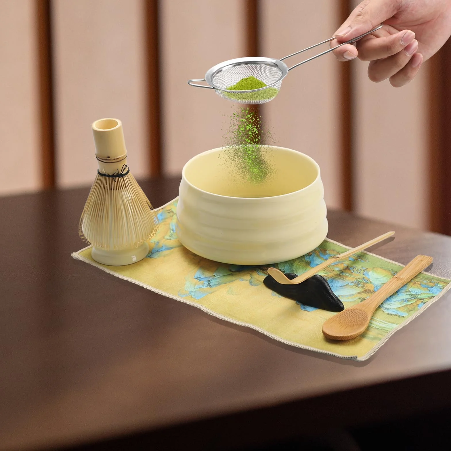 Japoński Zestaw Matcha 8 Elementów z Bambusową Trzepaczką Chasen, Miska, Sitko i Łyżeczka – Premium Akcesoria Matcha dla Początkujących