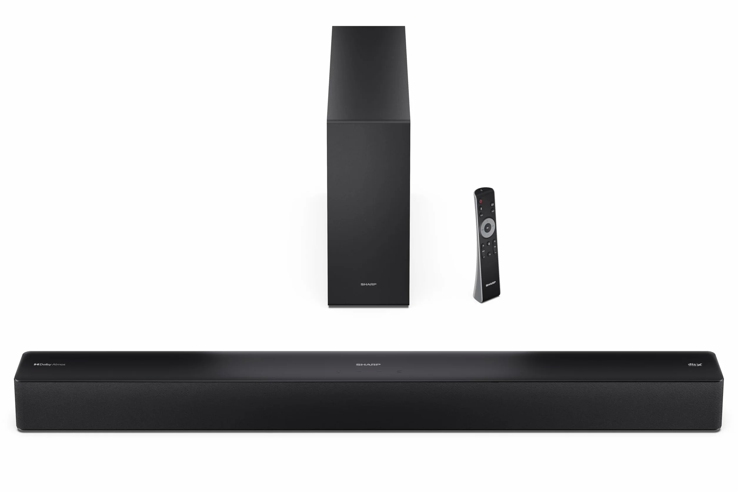 SHARP HT-SBW310 2.1-kanałowy ultracienki bezprzewodowy subwoofer, ROKU Ready, maks. moc 330 W – Dolby Atmos, DTS Virtual:X, HDMI eARC, Bluetooth 5.3, odtwarzanie przez USB, montaż na ścianie – czarny