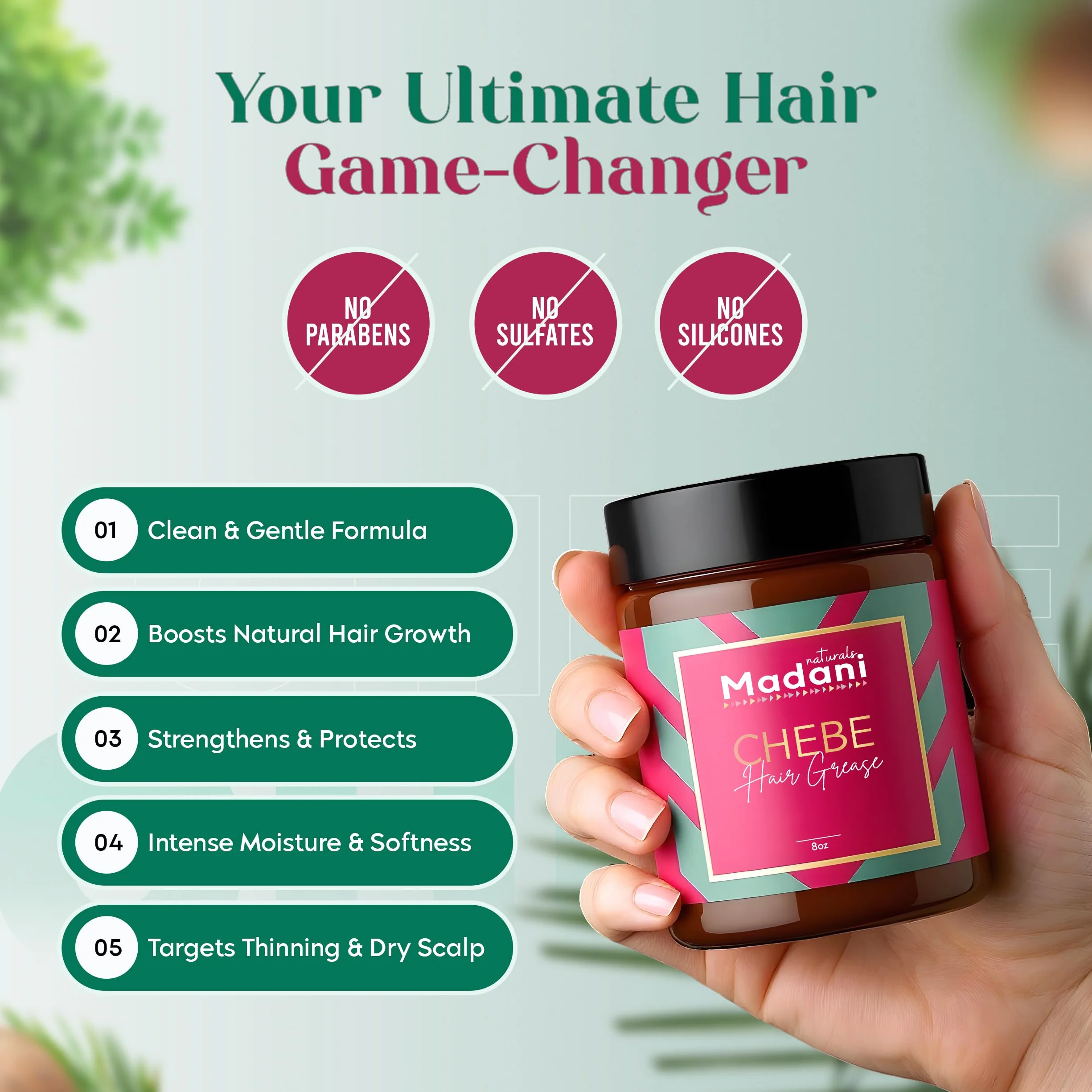 Madani Naturals Chebe Smar do wzrostu włosów z olejkiem rozmarynowym, przerzedzające się włosy i leczenie wypadania włosów, dla mężczyzn i kobiet, masło wegańskie