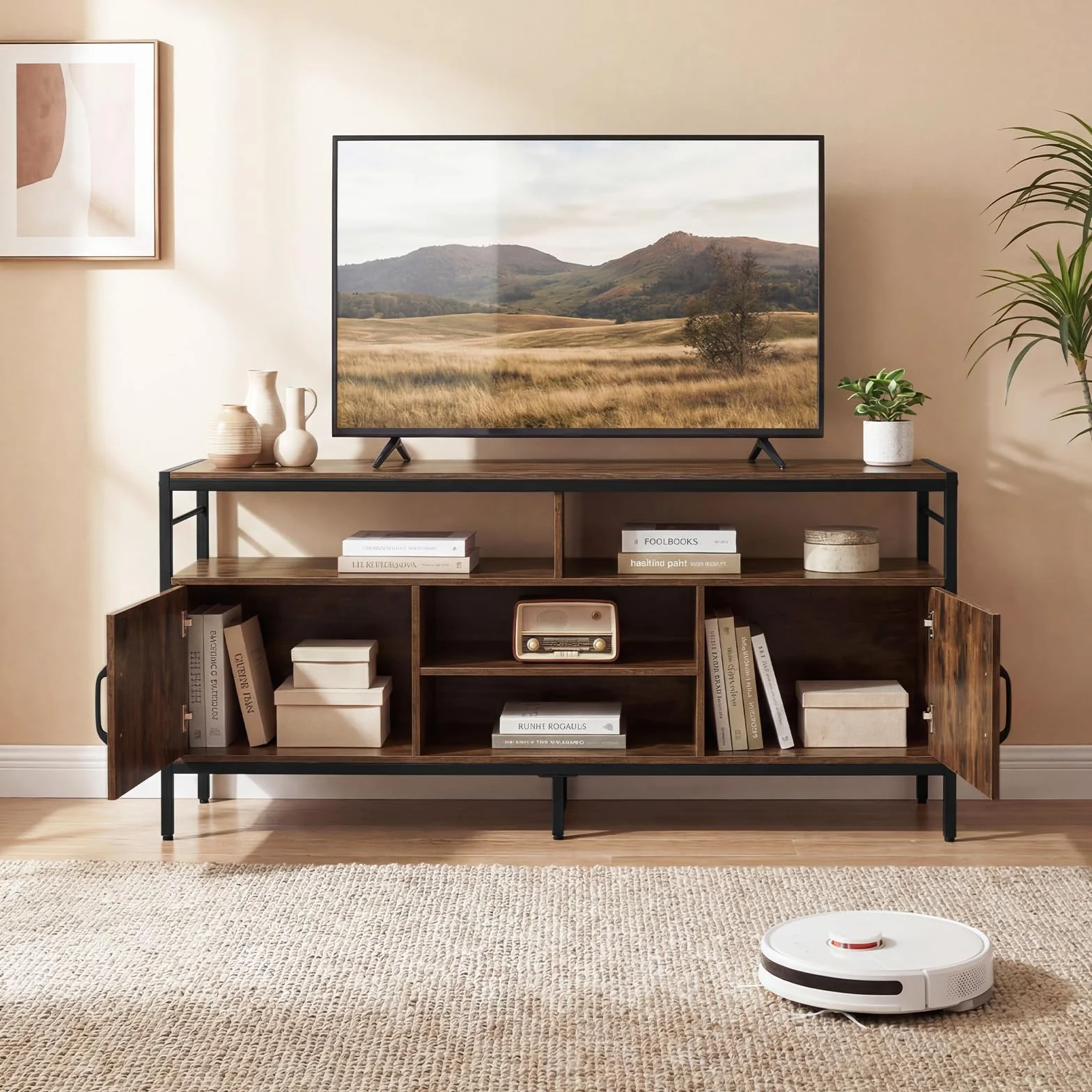 COSTWAY Szafka pod telewizor 65" 147x35x63.5 cm brązowa z metalowymi nogami