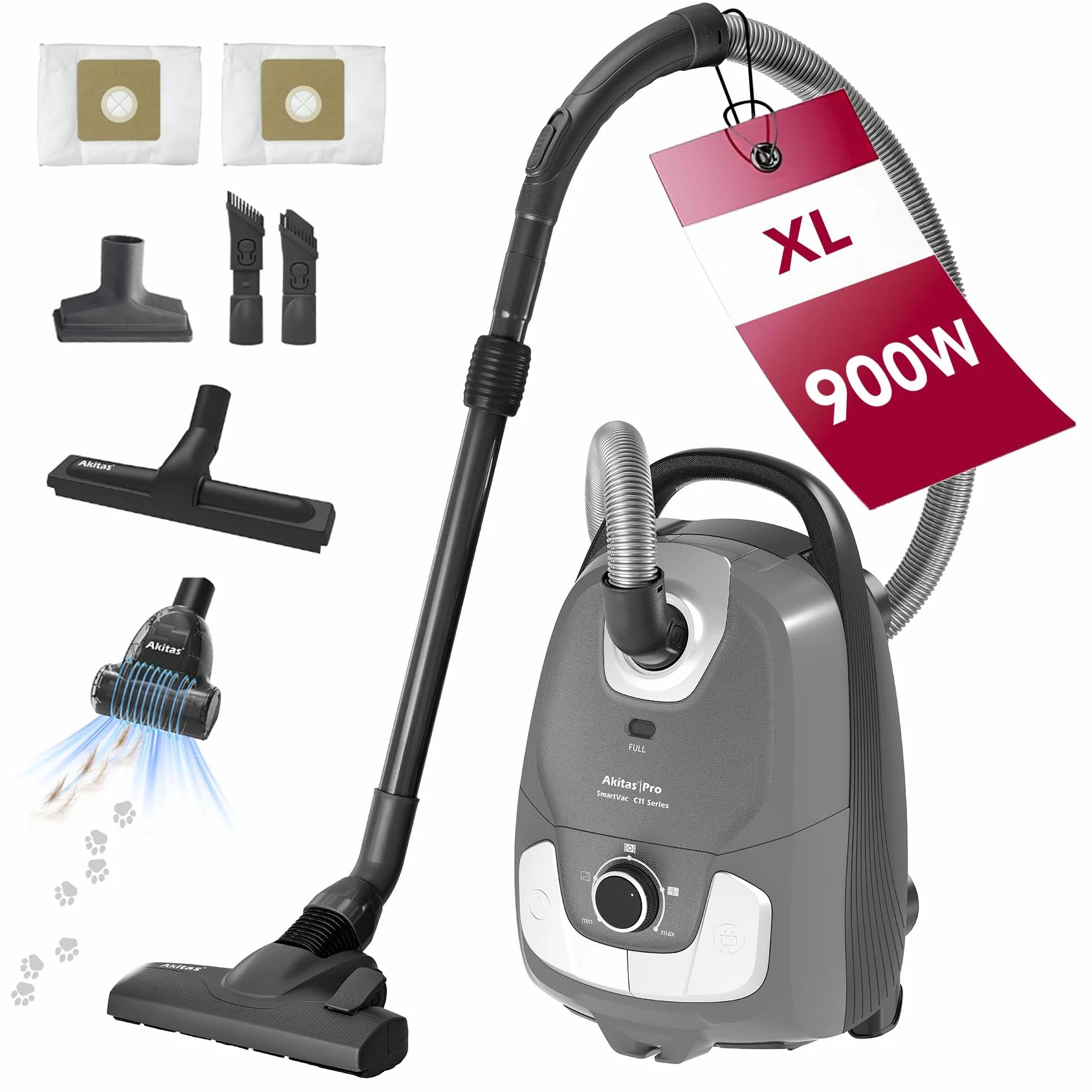 Odkurzacz workowy Akitas C11 Pet 900W z turboszczotką 7m przewód 10m zasięg 70dB