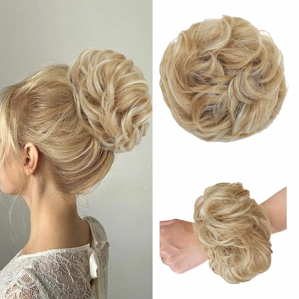 Kok gumka do włosów z włosami, kręcone, treska Messy Bun, z gumową taśmą, warkocz, przedłużenie włosów, koński ogon, dla kobiet i dziewcząt (18H613# (Ash Blond, mieszanie blondu, wybielanie)