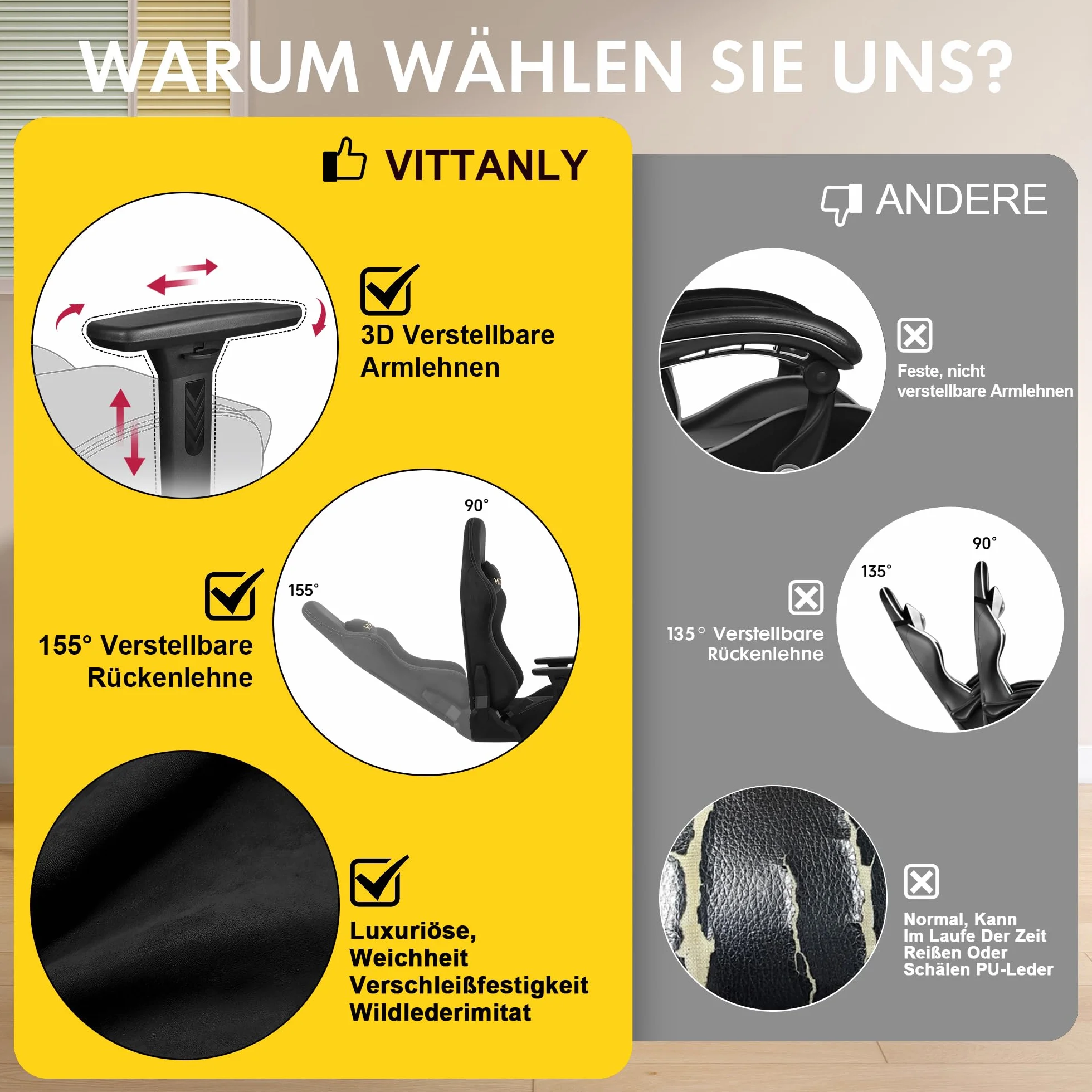 Vittanly fotel do gier ergonomiczne krzesło komputerowe z zagłówkiem podparciem lędźwiowym regulowanymi podłokietnikami podnóżkiem czarny