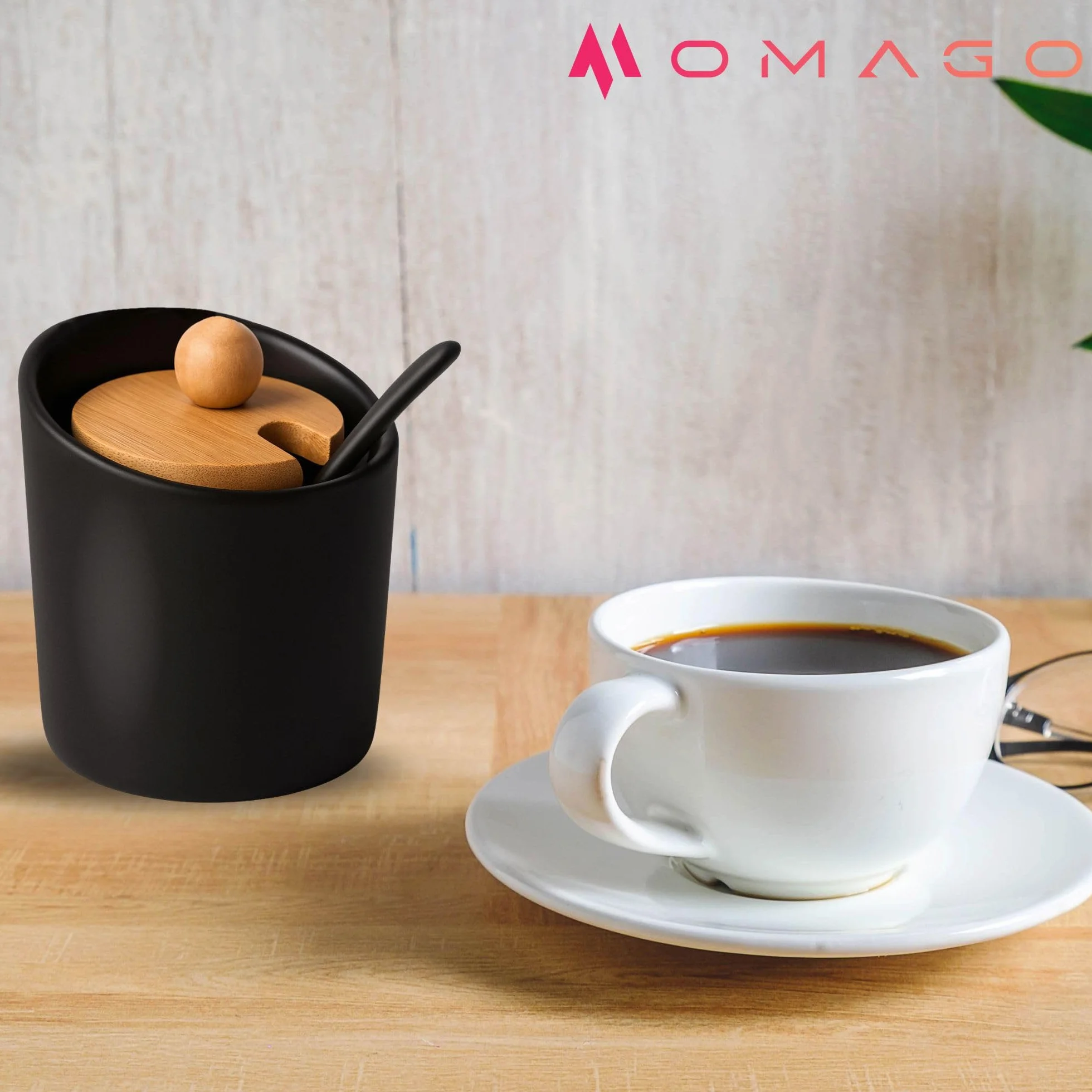OMAGO® Cukiernica czarna bambus ceramina z łyżeczką