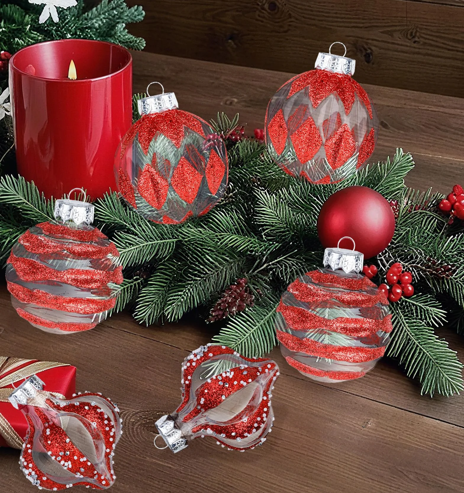 Bombki choinkowe ze szkła 8 cm czerwone przezroczyste zestaw 12 sztuk dekoracja bożonarodzeniowa