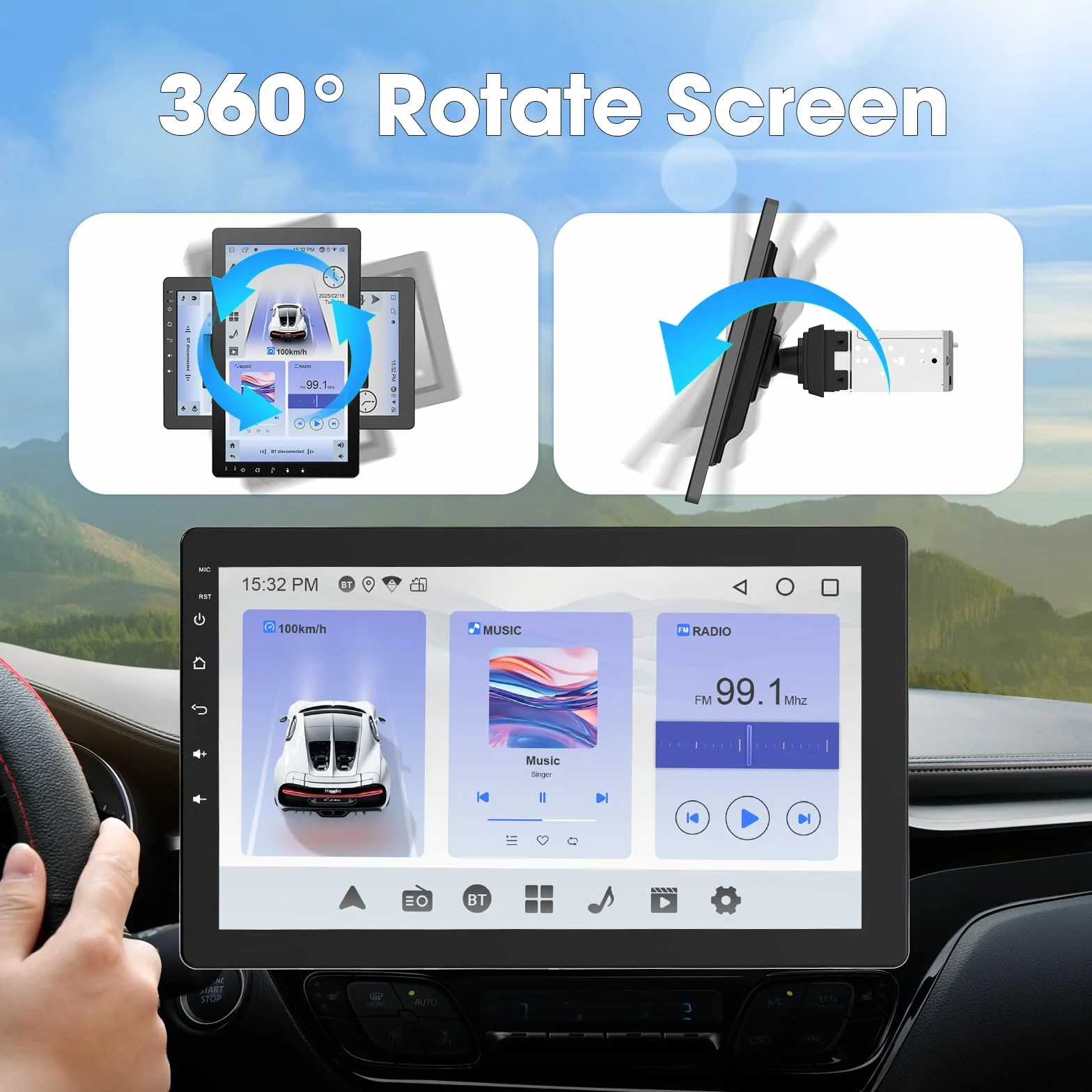 Haudio Obrotowe Radio Samochodowe 360°, Stereo 1 DIN z Funkcją Carplay i Android Auto, 10,1 Calowy Ekran IPS do Odtwarzania z GPS, Mirror Link, Sterowanie Głosowe, Radio RDS/FM/AM, Tylna Kamera 720P