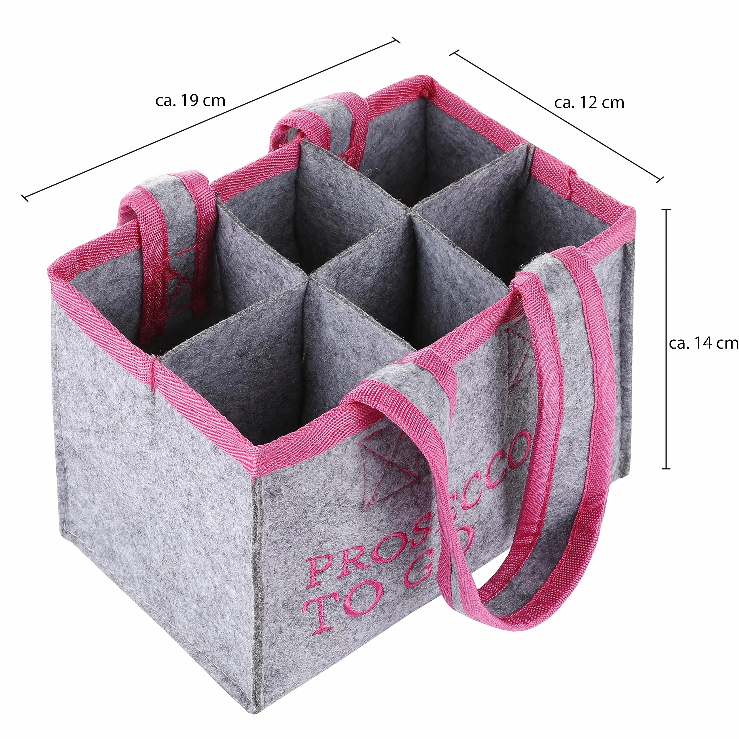 FunX Torba na butelki Prosecco to go – filcowa torba na 6 butelek – szara z uchwytami do noszenia i nadrukiem – wszechstronne zastosowanie – 19 x 12 x 14 cm, szary/różowy, torba na napoje