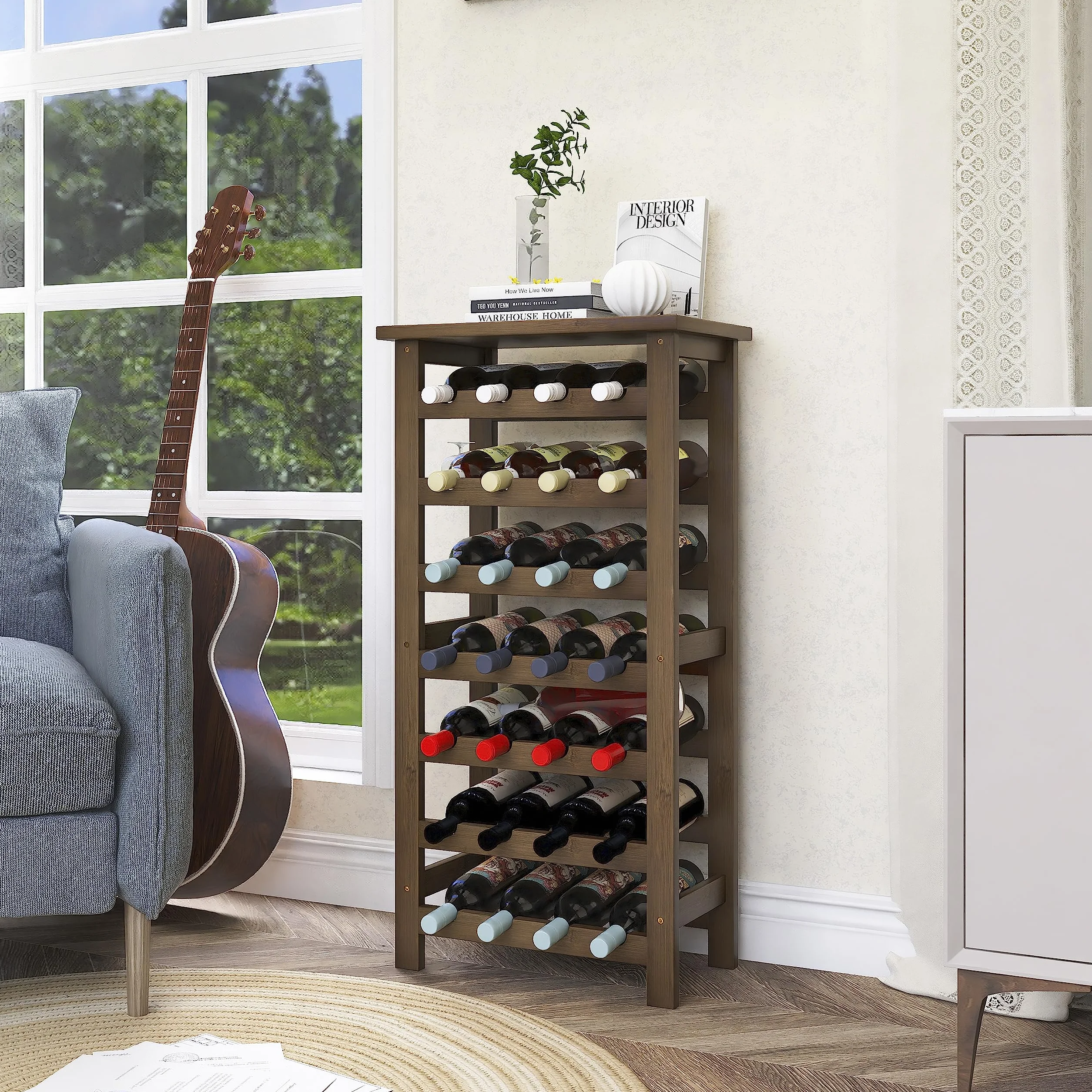 SMIBUY Bambusowy stojak na wino, stojak ekspozycyjny na 28 butelek z blatem, 7-poziomowe, wolnostojące półki do przechowywania, do kuchni, spiżarni, piwnicy, baru (orzech włoski)
