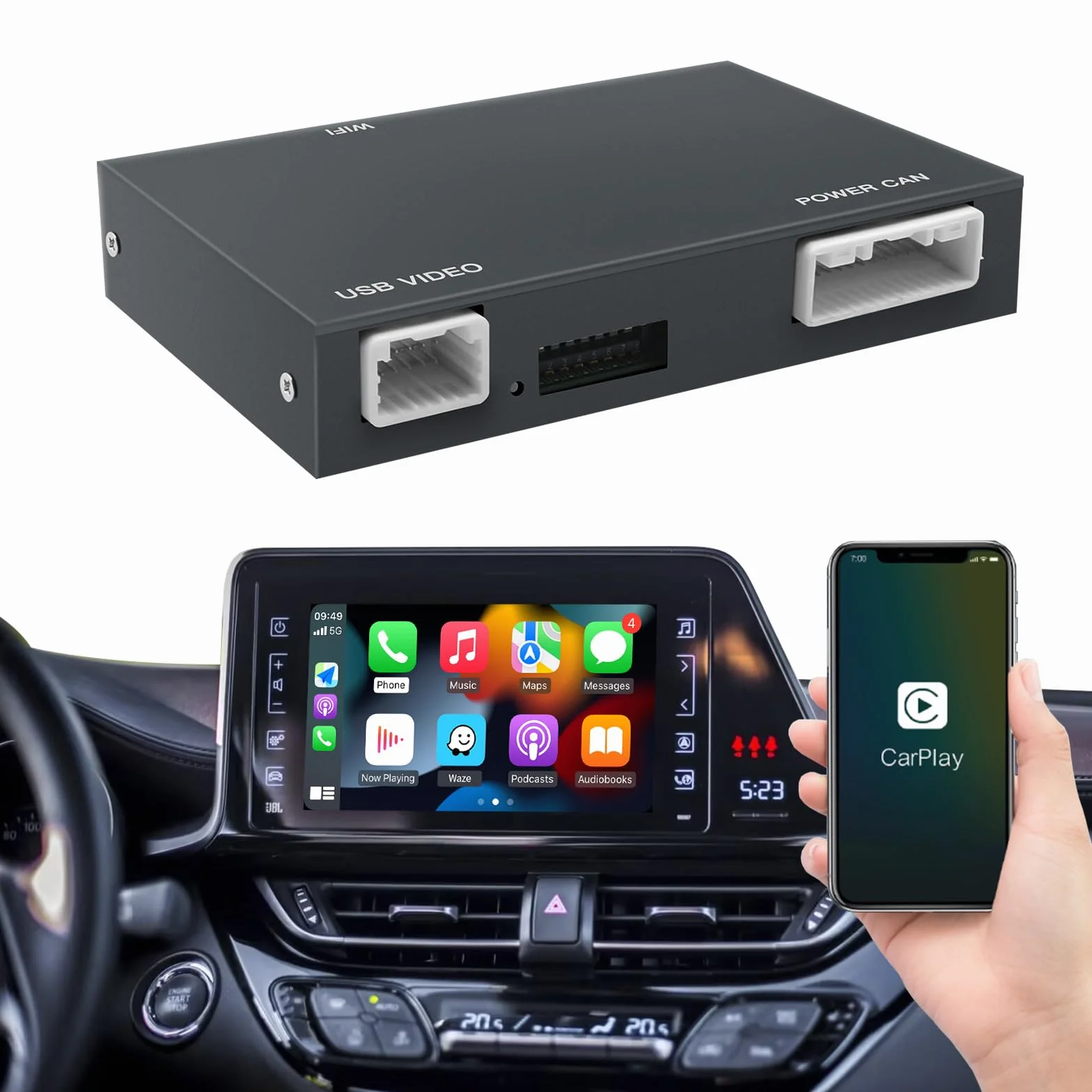 Bezprzewodowy adapter Carplay/Android do Toyota z Entune2.0 2014-2019, pasuje do Tundra/Highlander/RAV4/Tacoma/Camry/Corolla/Avalon/Prius/CH-R