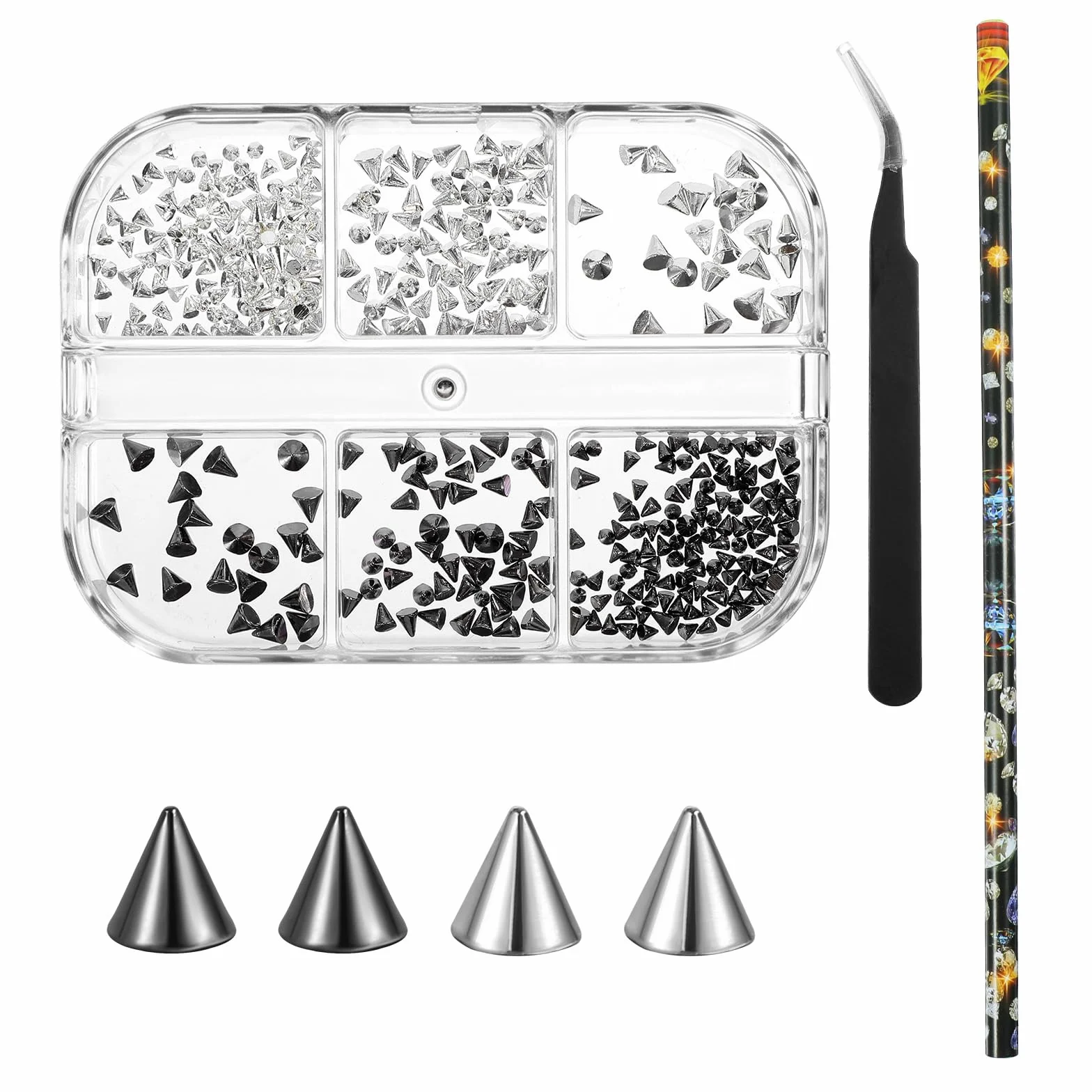 6 metalowych zawieszek na paznokcia/pudełko, punk, gotyckie, kolczyki na sztyfcie, mini stożek kolce do paznokci, ozdoby do paznokci 3D, zawieszki ze stopu, cyrkonie, akcesoria do stylizacji paznokci