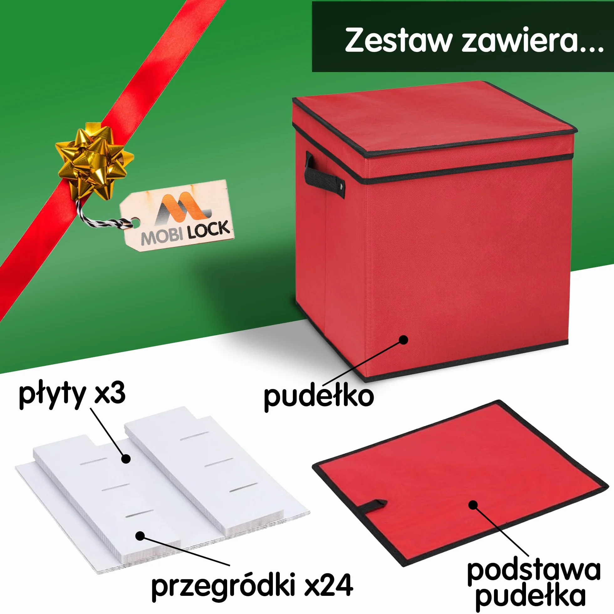 Pudełko do Przechowywania Ozdób Świątecznych z Przegrodami - Organizer na Bombki - Mieści 64 Bombki - Trwały, Składany Czerwony Pojemnik z Tkaniny, Bez Tacy - od Mobi Lock