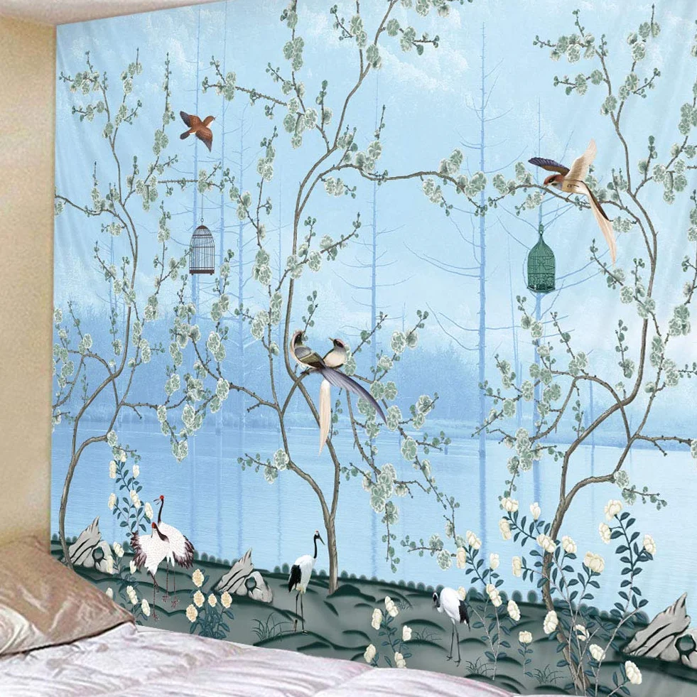 VIFERR Gobelin ścienny boho niebieskie kwiaty ptaki duży dywan ścienny 150 x 200 cm