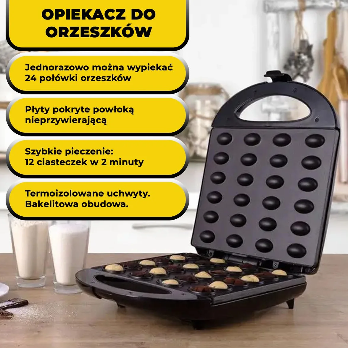 Maszyna do orzeszków 1400W, opiekacz do ciastek, powłoka nieprzywierająca, pieczenie 24 połówek, ochrona przed przegrzaniem, czarny