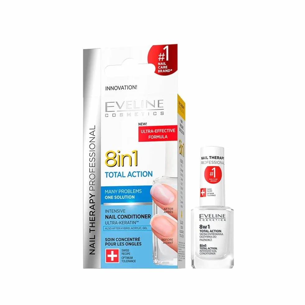 Eveline Cosmetics Nail Therapy Professional 8w1 Total Action Skoncentrowane Utwardzająco Wzmacniające Polskie Serum do Paznokci | 12 ml | Aktywator Wzrostu | Zabieg Naprawczy Paznokci