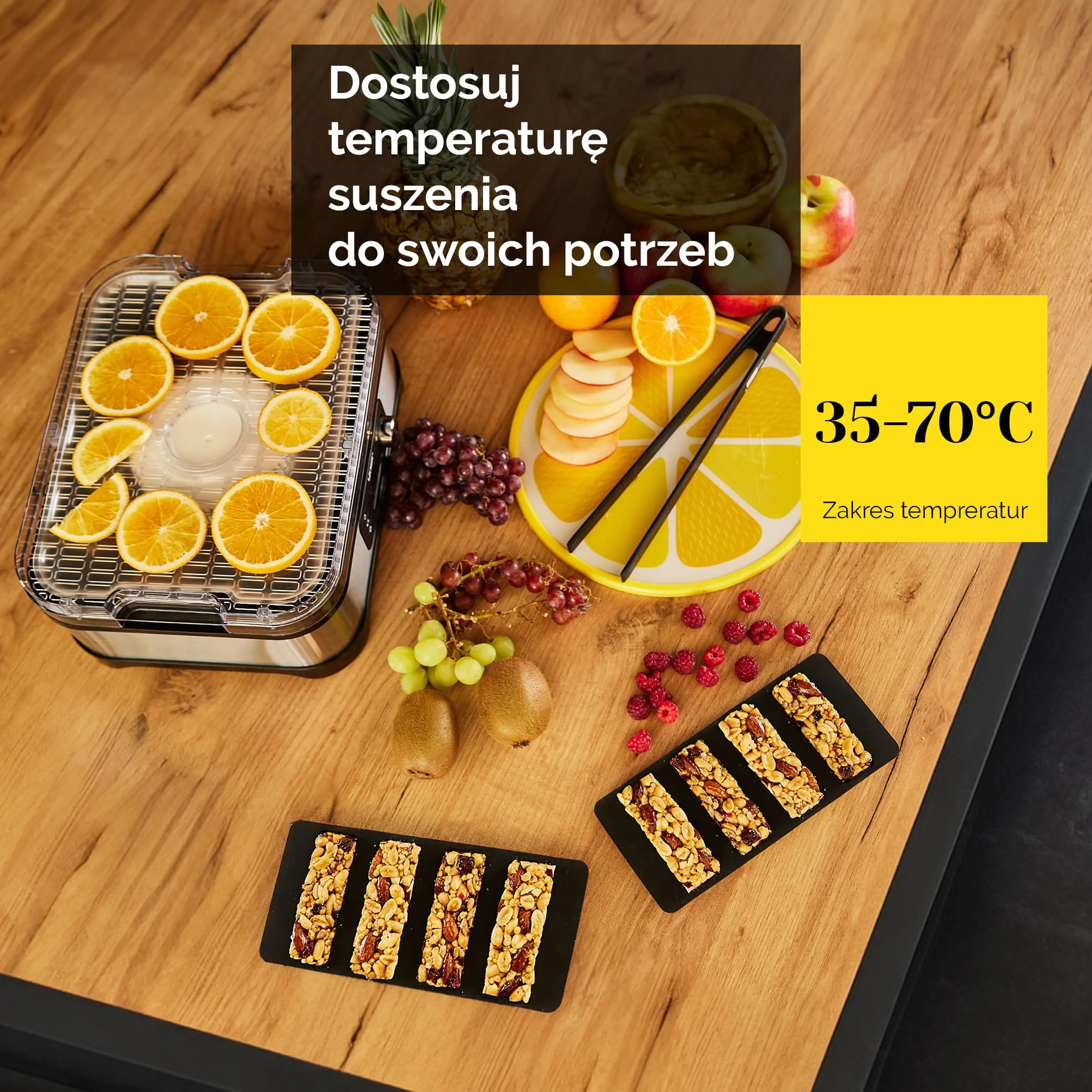 Yoer Suszarka do żywności, Stal nierdzewna, 450W, 6 tacek + 9 akcesoriów, 4725 cm², Timer 24h, wyświetlacz LED, BPA Free, Suszarka do grzybów, owoców i warzyw, dehydrator, VitaSave FD01S