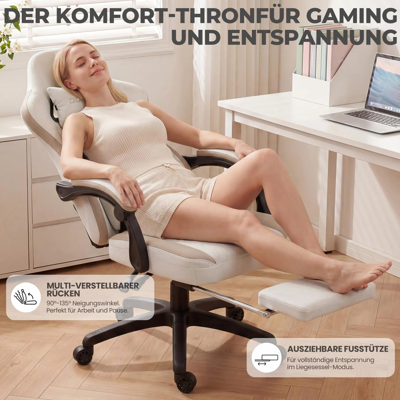 Dowinx fotel gamingowy z tkaniną, masażer do gier z podnóżkiem, ergonomiczny fotel komputerowy dla graczy, fotel biurowy, wytrzymałość 150 kg, kolor beżowy